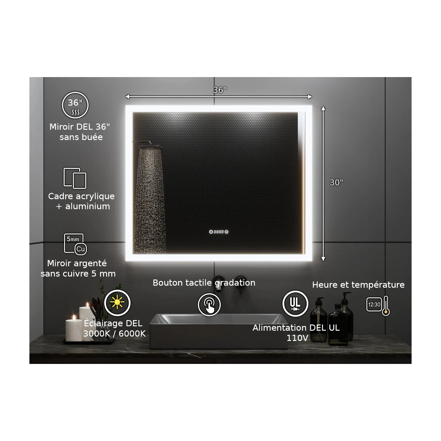 Miroir de SALLE DE BAIN DE 36&nbsp;po LED M-205 6000K blanc froid, temps et température avec antibuée, bord givré