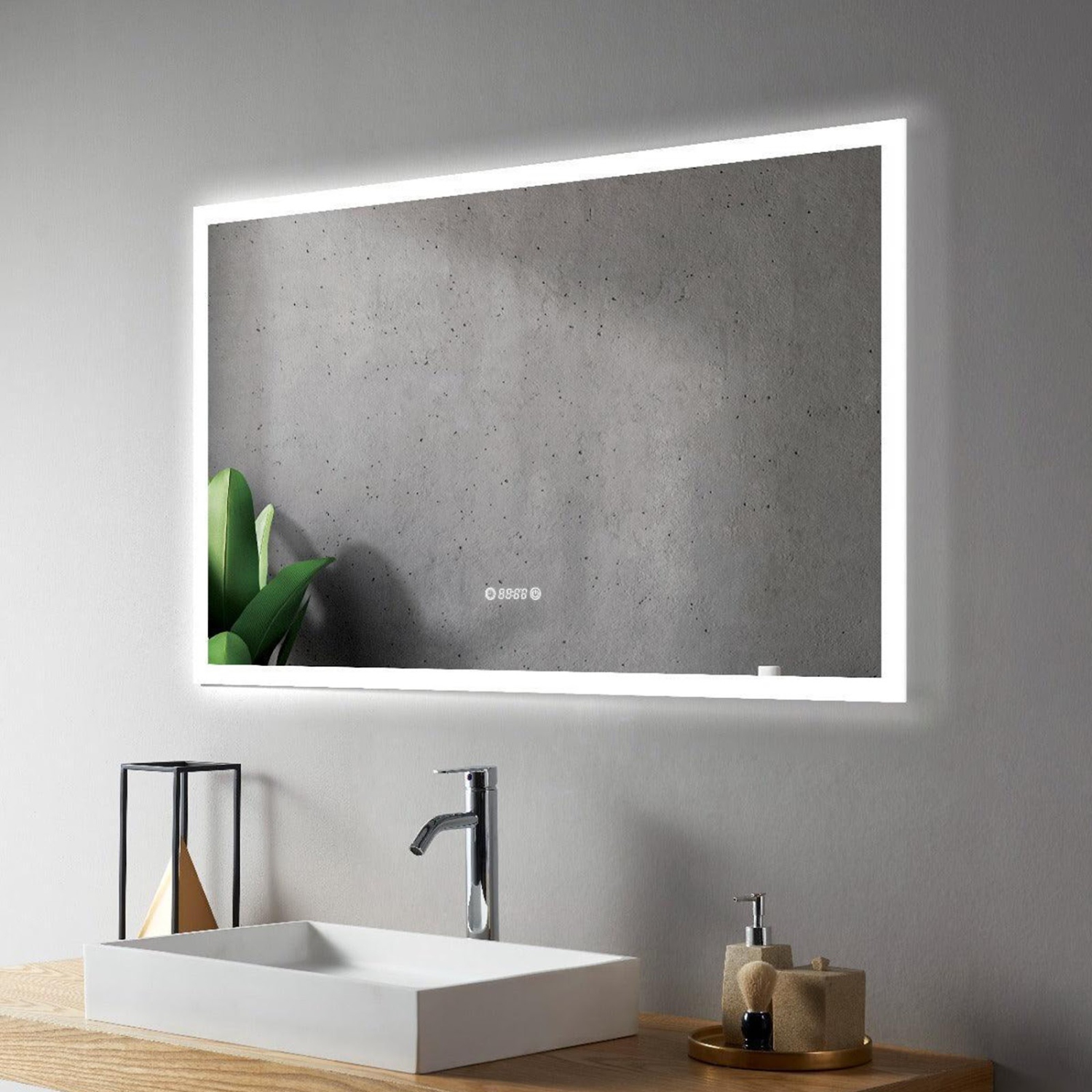 Miroir de SALLE DE BAIN DE 48&nbsp;po LED M-205 6000K blanc froid, temps et température avec antibuée, bord givré