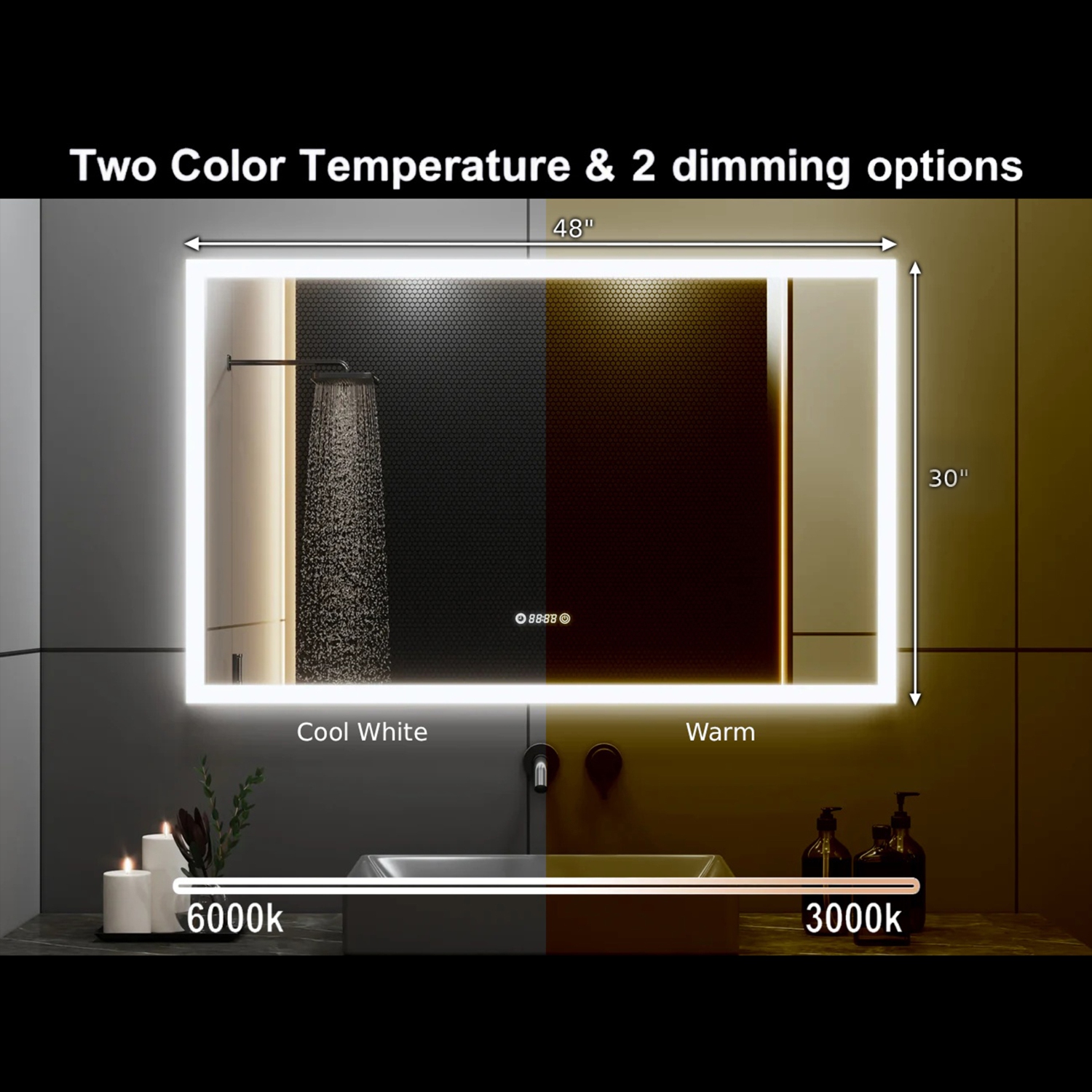 Miroir de SALLE DE BAIN DE 48&nbsp;po LED M-205 6000K blanc froid, temps et température avec antibuée, bord givré