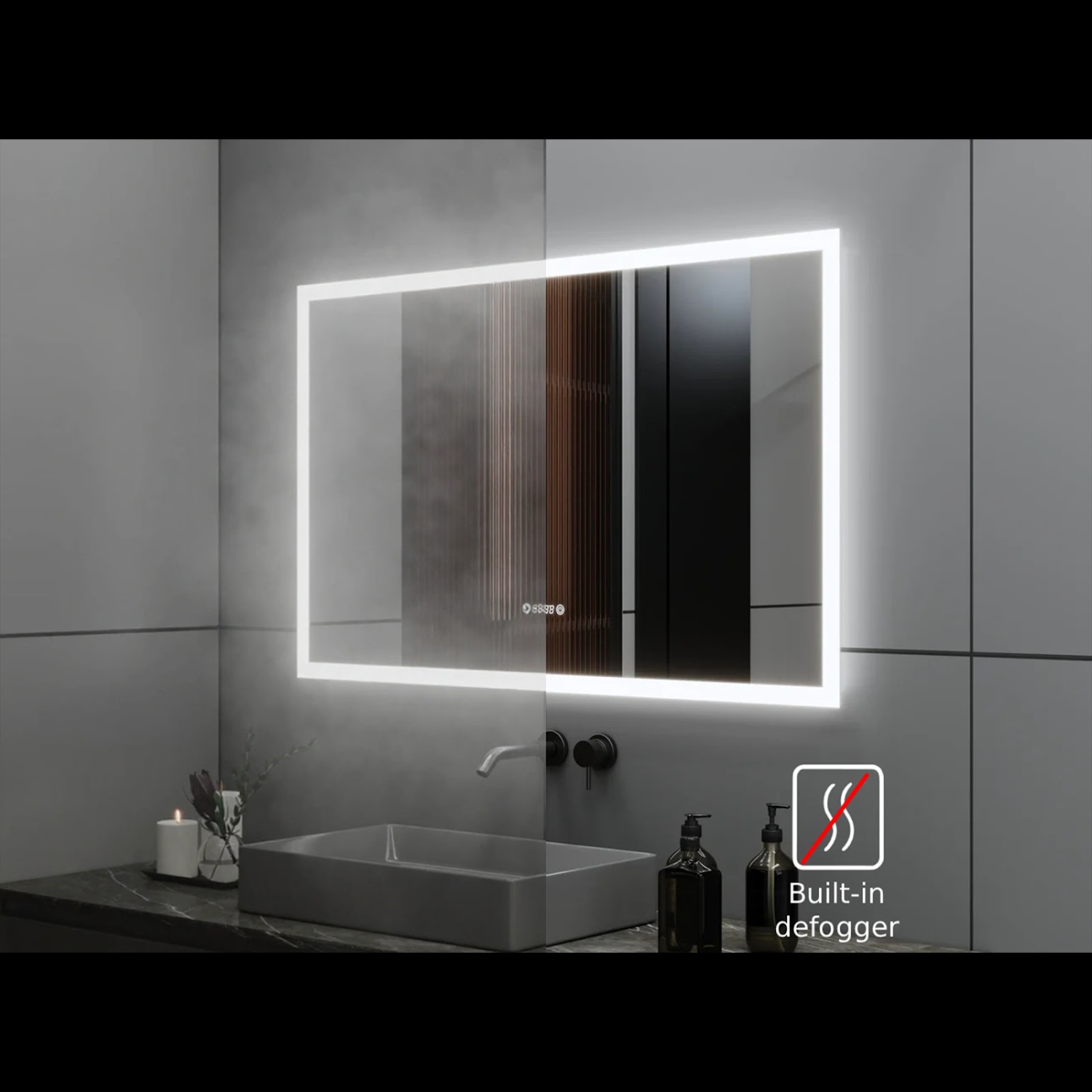 Miroir de SALLE DE BAIN DE 48&nbsp;po LED M-205 6000K blanc froid, temps et température avec antibuée, bord givré