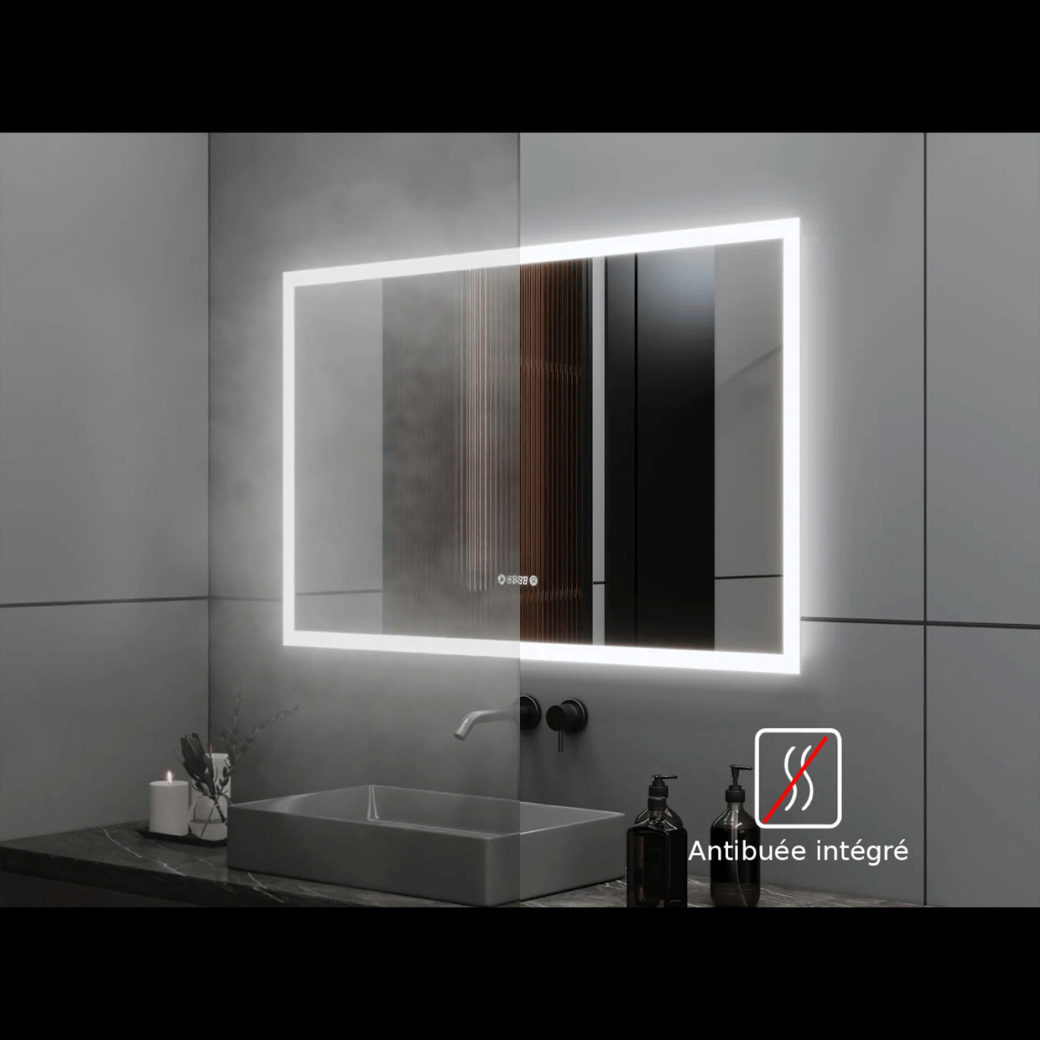 Miroir de SALLE DE BAIN DE 48&nbsp;po LED M-205 6000K blanc froid, temps et température avec antibuée, bord givré