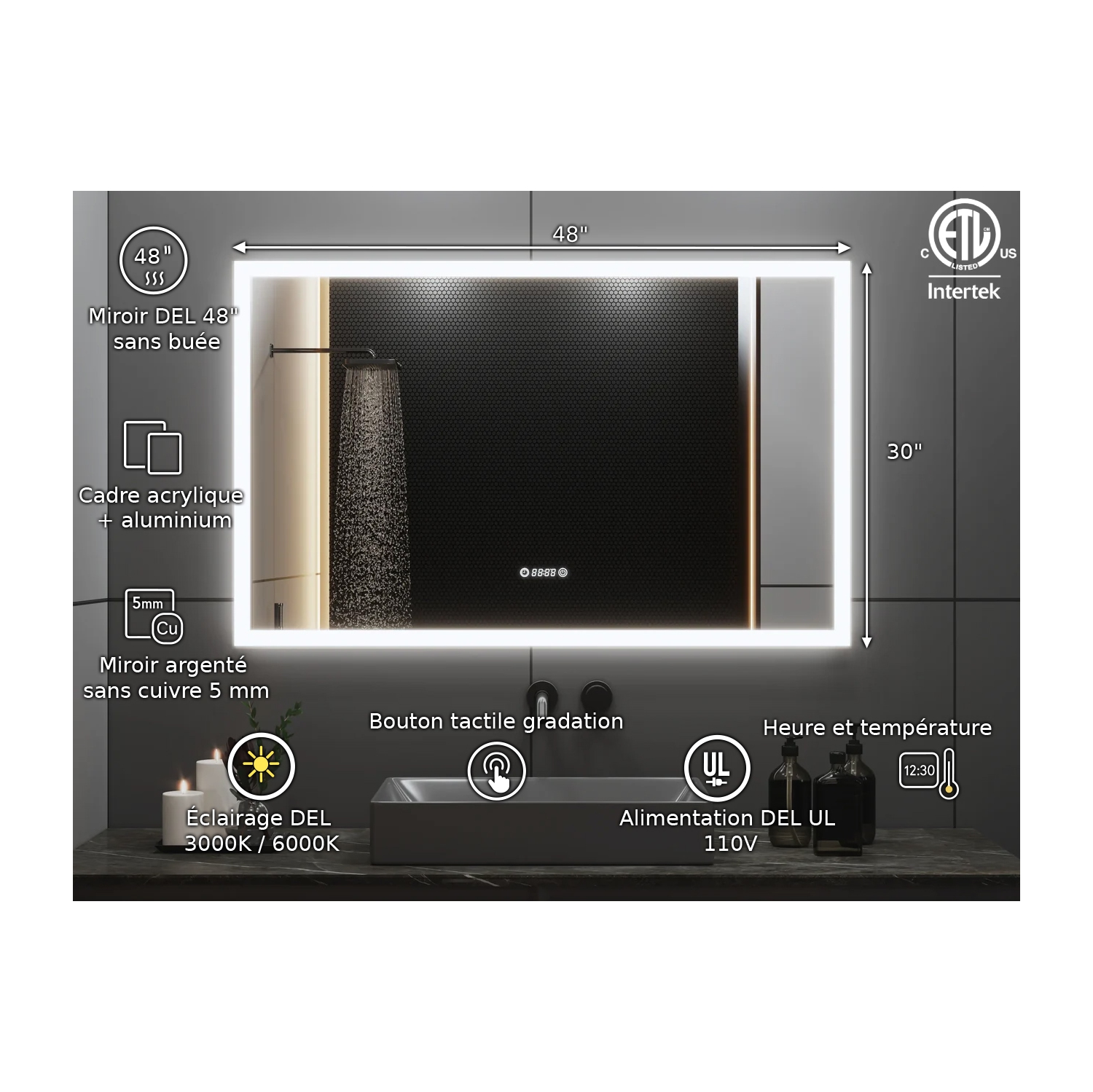 Miroir de SALLE DE BAIN DE 48&nbsp;po LED M-205 6000K blanc froid, temps et température avec antibuée, bord givré