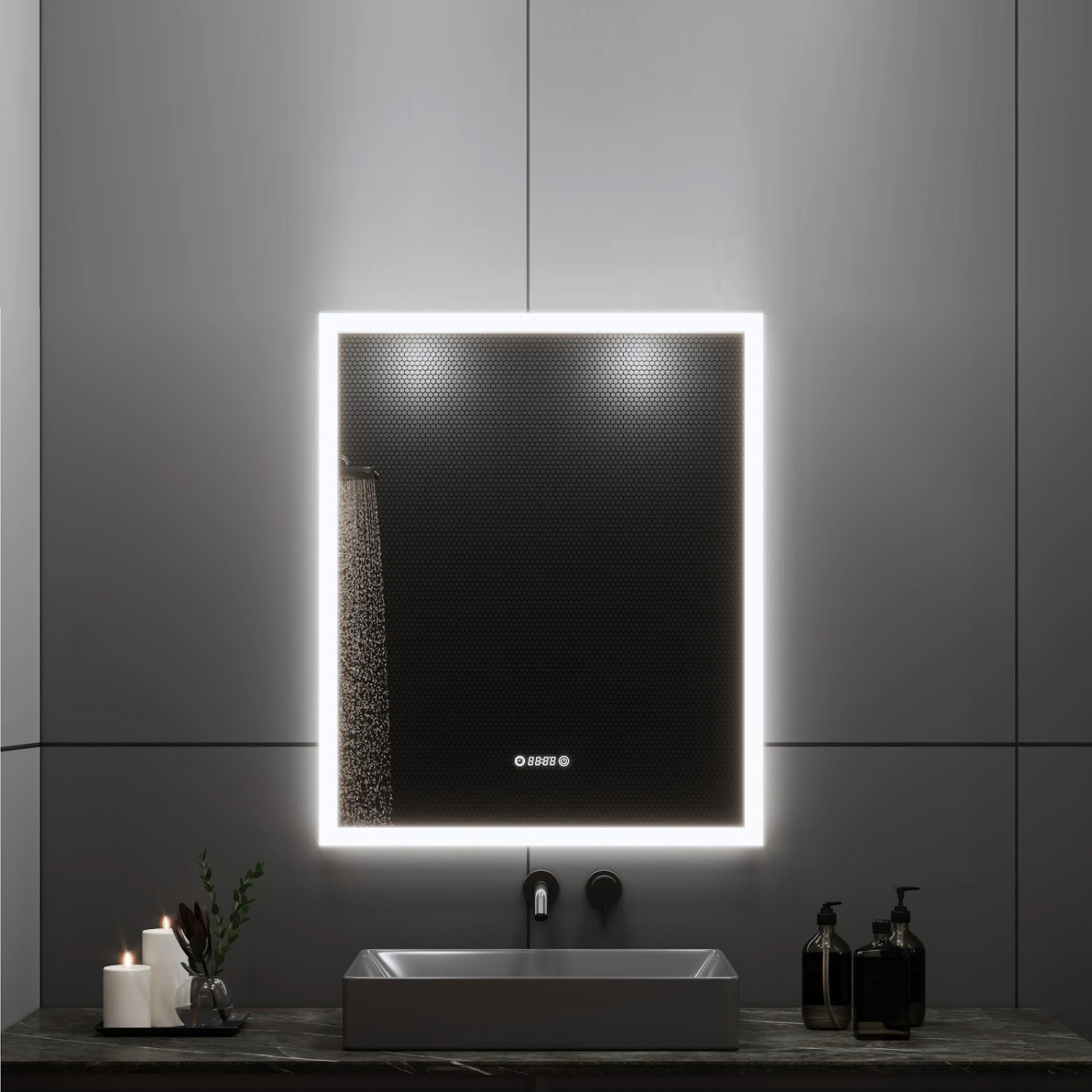 Miroir de SALLE DE BAIN DE 30&nbsp;po LED M-205 6000K blanc froid, temps et température avec antibuée, bord givré