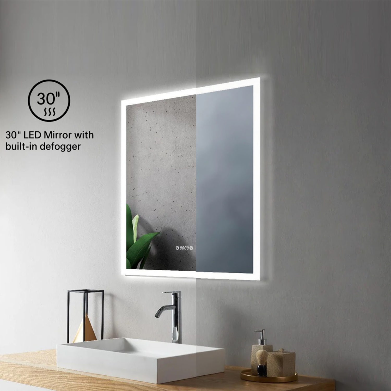 Miroir de SALLE DE BAIN DE 30 po LED M-205 6000K blanc froid, temps et température avec antibuée, bord givré
