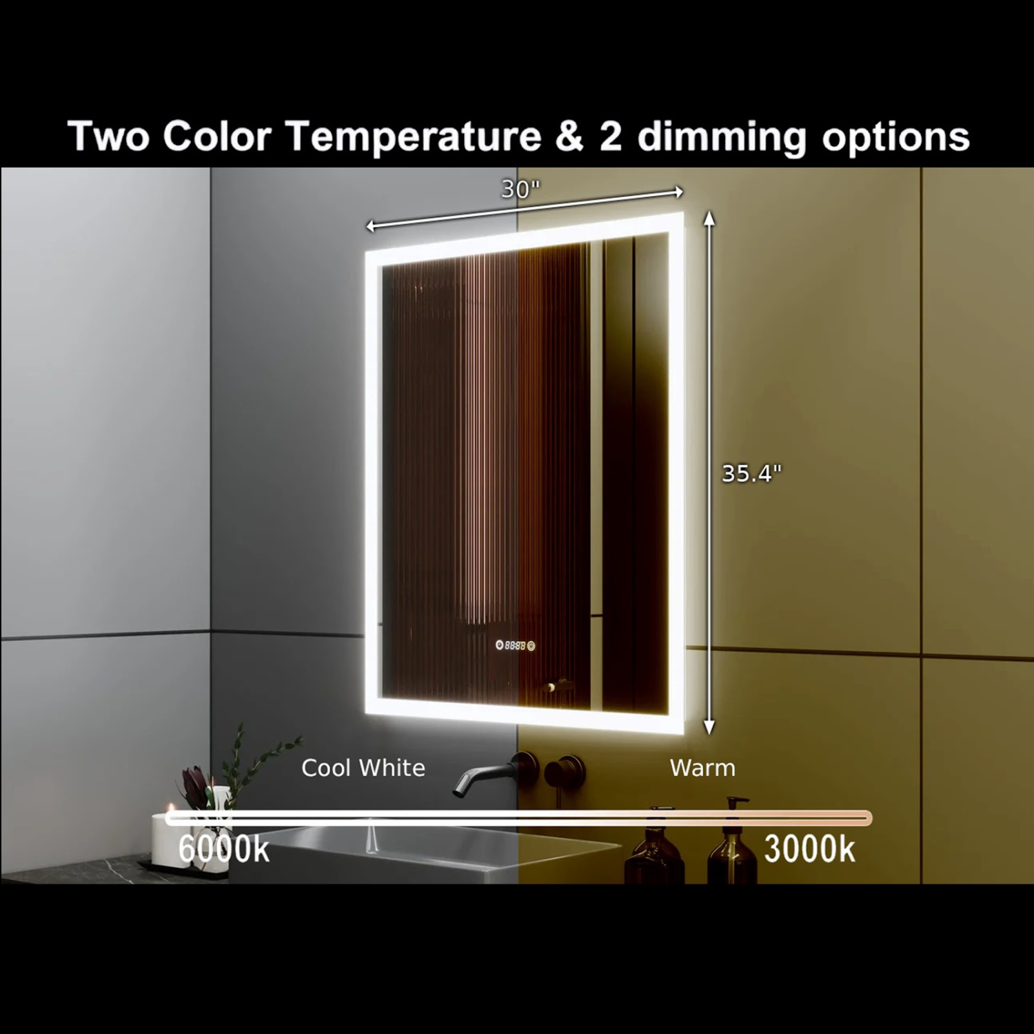 Miroir de SALLE DE BAIN DE 30 po LED M-205 6000K blanc froid, temps et température avec antibuée, bord givré