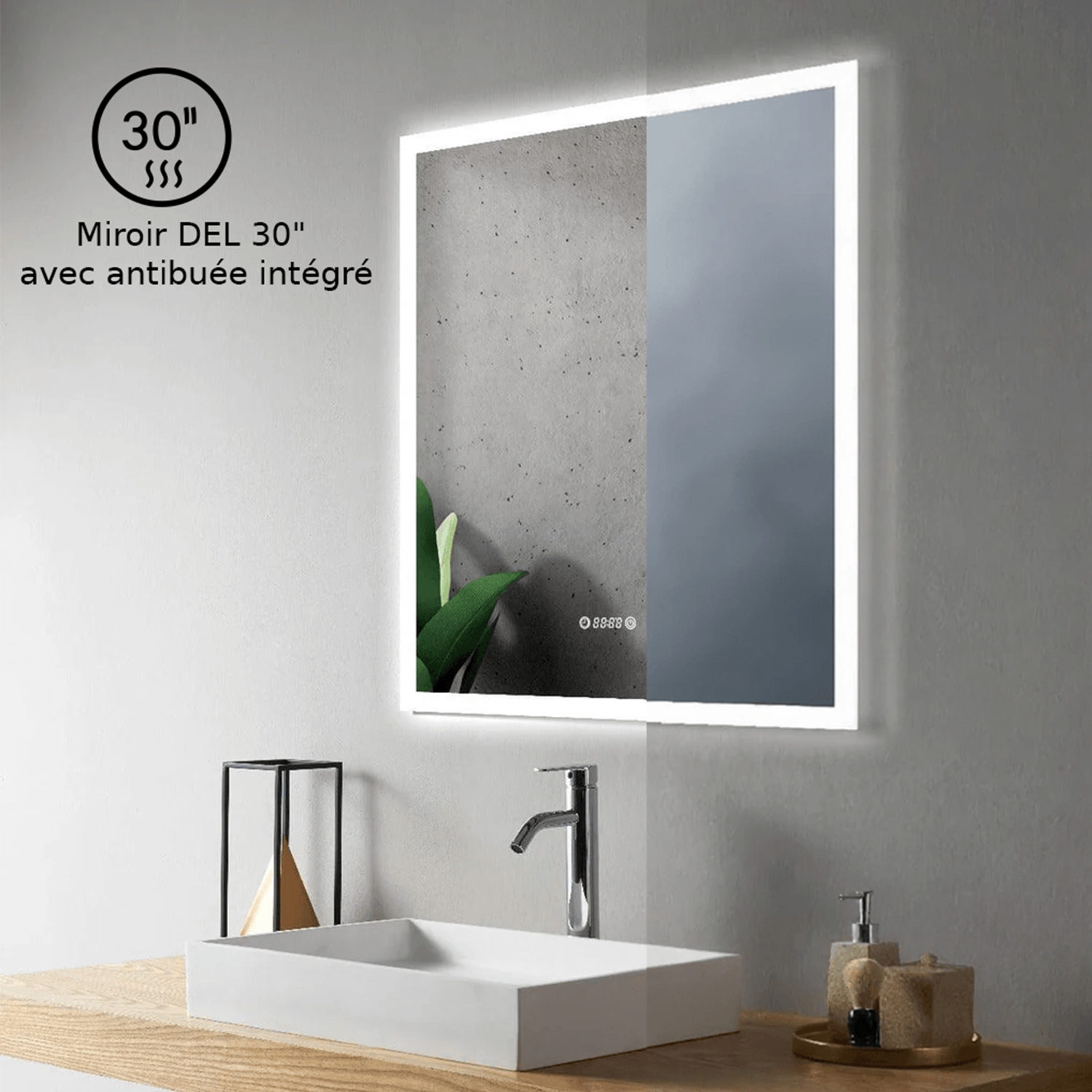 Miroir de SALLE DE BAIN DE 30 po LED M-205 6000K blanc froid, temps et température avec antibuée, bord givré