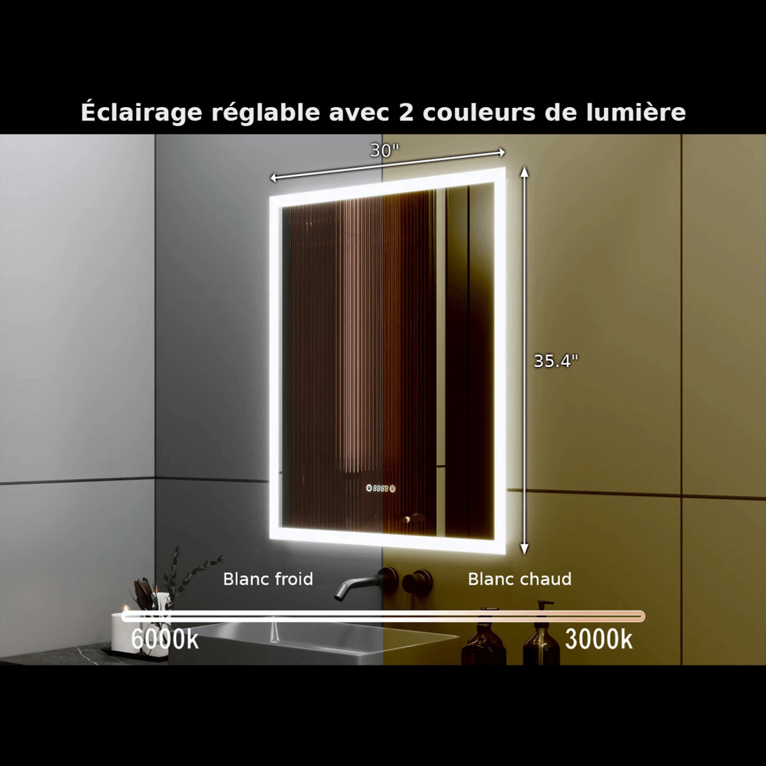 Miroir de SALLE DE BAIN DE 30 po LED M-205 6000K blanc froid, temps et température avec antibuée, bord givré