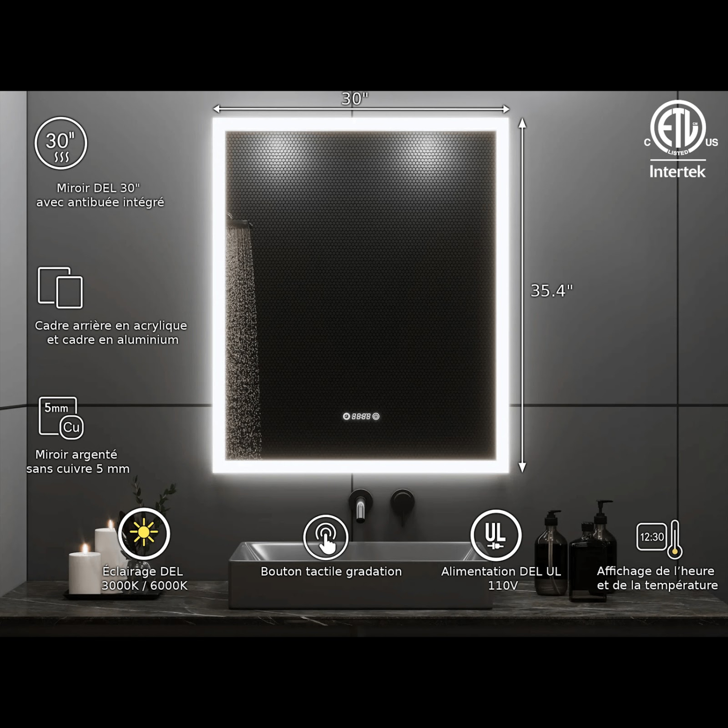 Miroir de SALLE DE BAIN DE 30 po LED M-205 6000K blanc froid, temps et température avec antibuée, bord givré