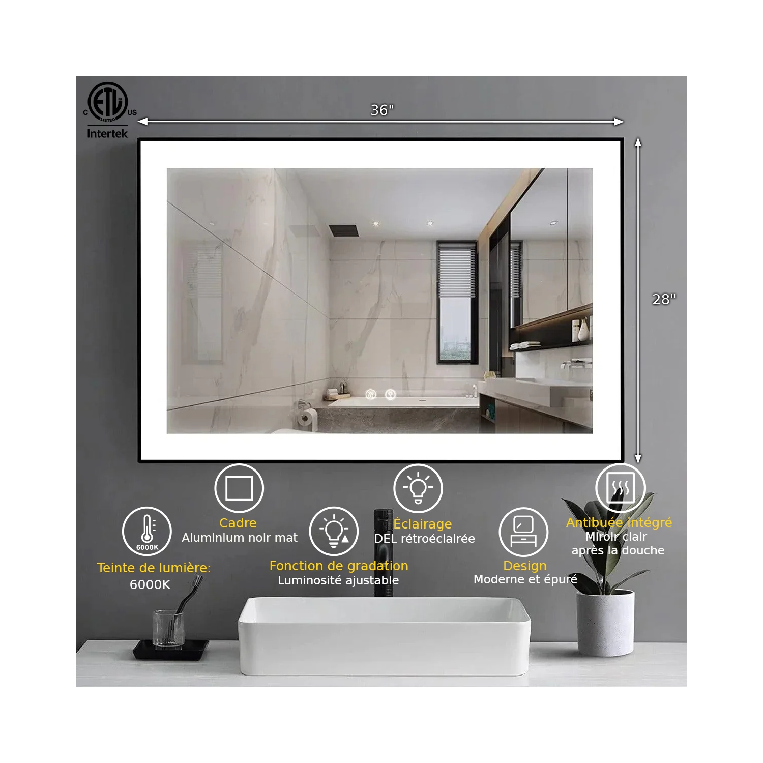 SERA BATHROOM Mirror 36" LED M-36 Frosted edge - Black Frame
