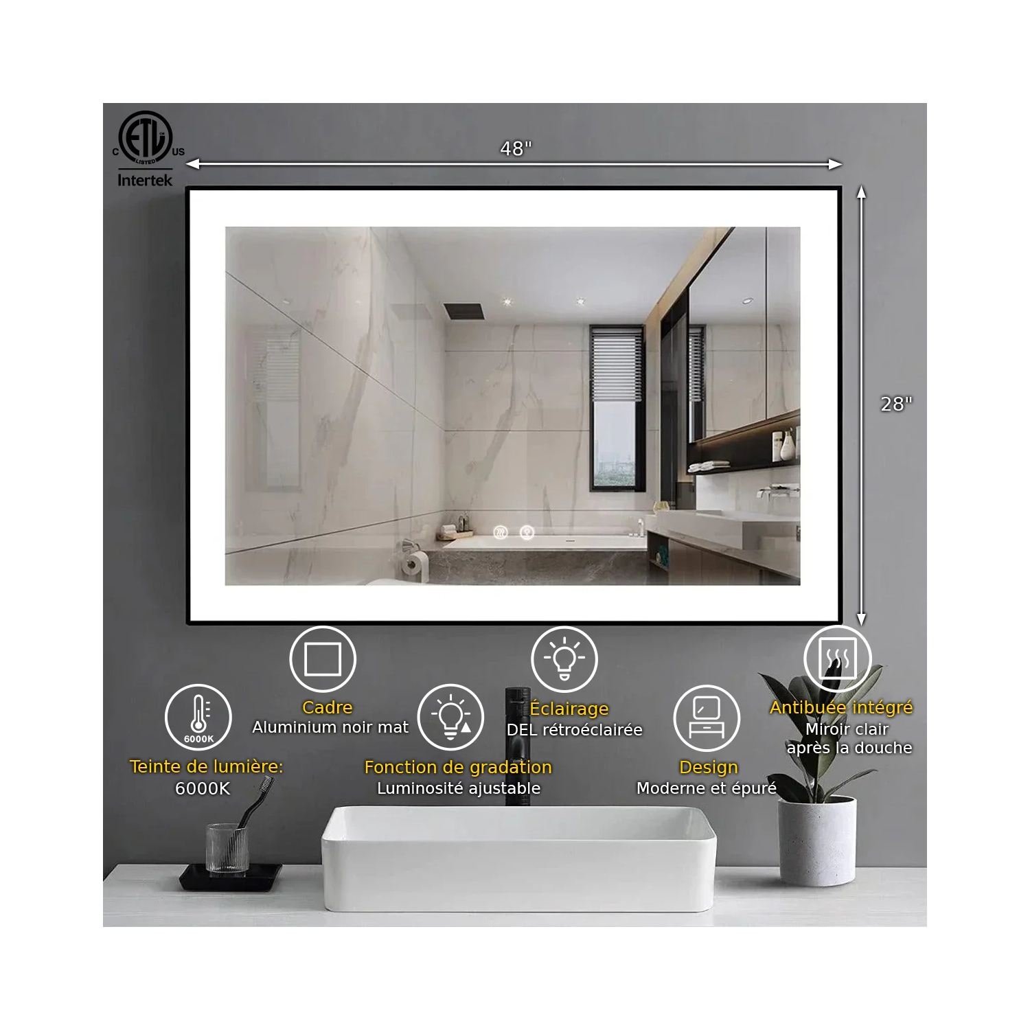 SERA BATHROOM Mirror 48" LED M-36 Frosted edge - Black Frame
