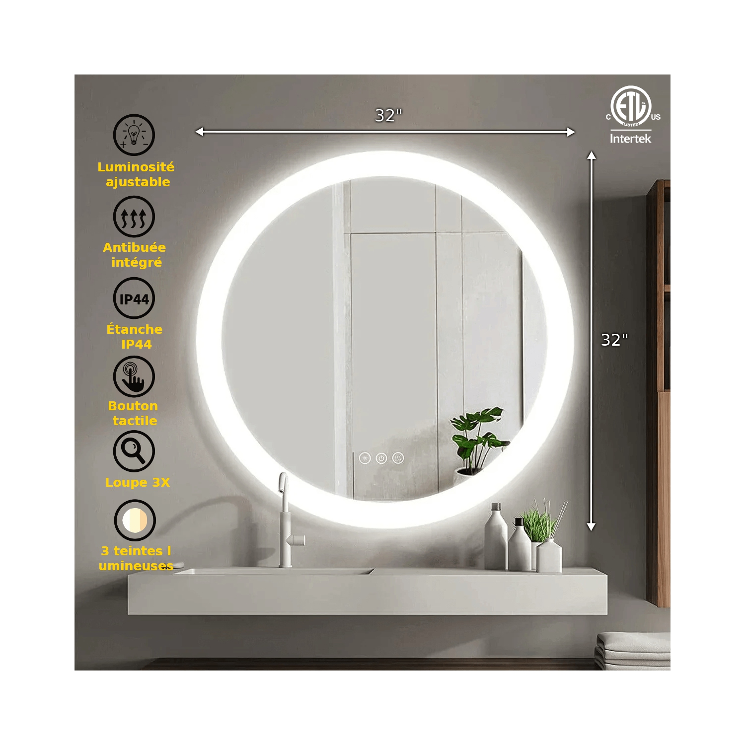SERA BATHROOM Mirror 32" LED LUNE Frosted Edge FS-2015-3232 - Silver