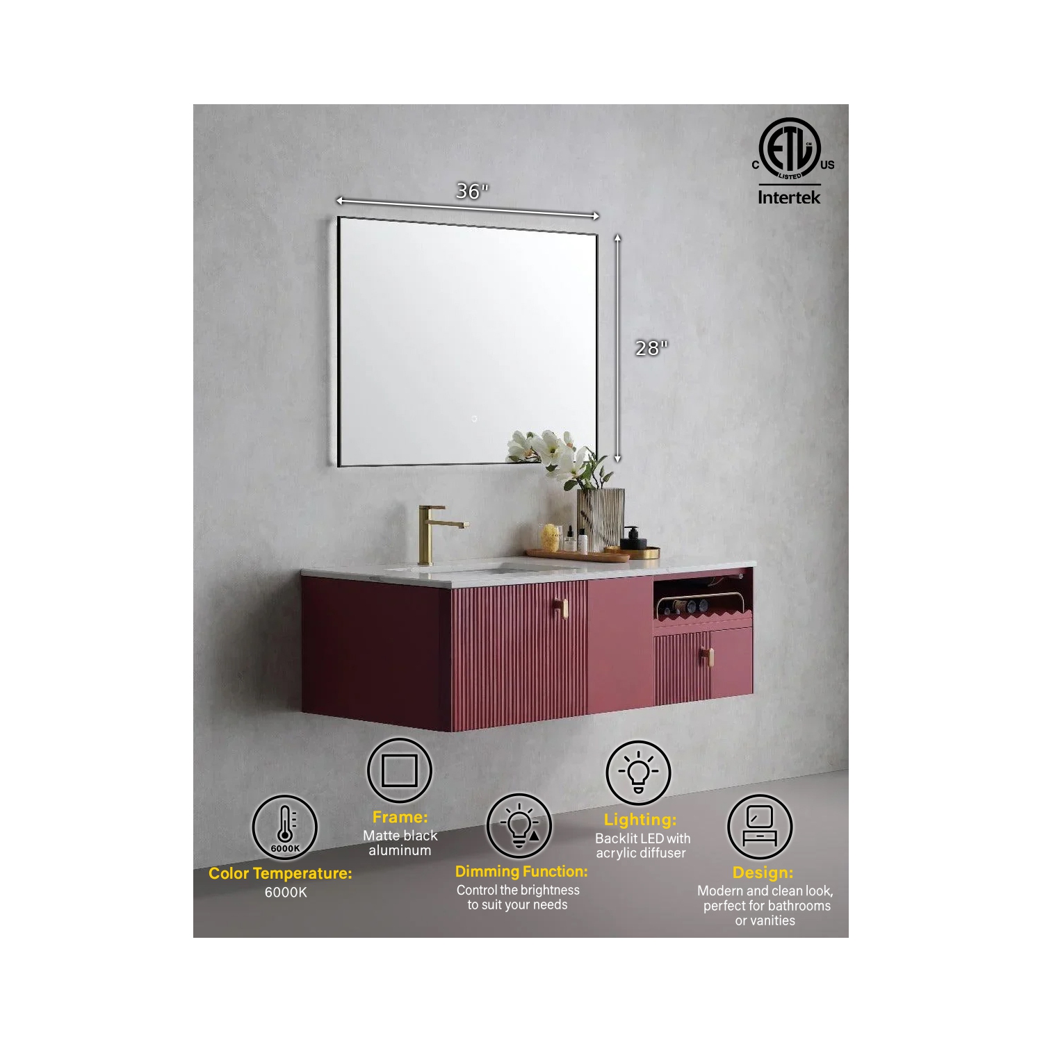 Miroir de SALLE DE BAIN DE 36&nbsp;po LED Urban de SERA - Cadre noir