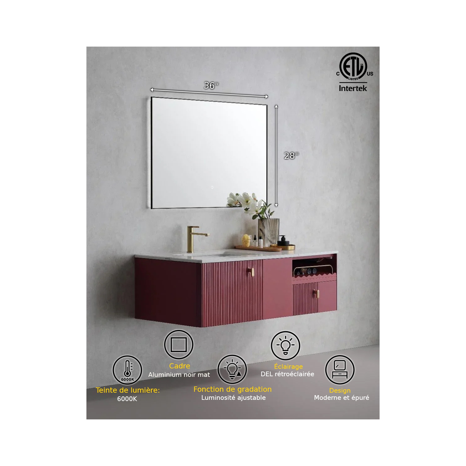 Miroir de SALLE DE BAIN DE 36&nbsp;po LED Urban de SERA - Cadre noir