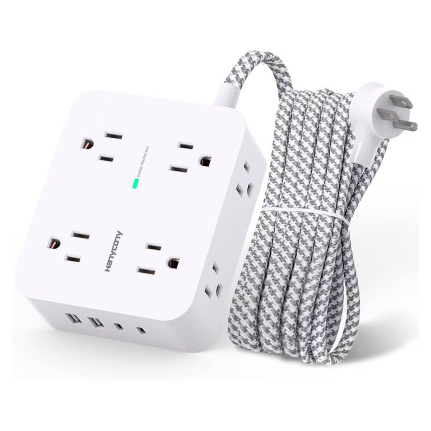Surge Protector Power Bar - 8 Outlets 4 USB Charging Ports(2 USB C), Power Strip with 5Ft Braided Extension Cord, Flat Plug, Wall Mount Desk USB C
