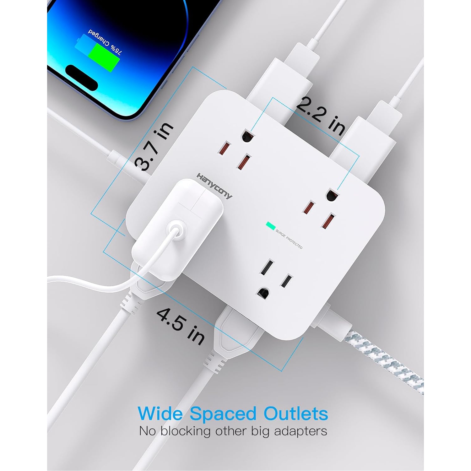 Surge Protector Power Bar - 8 Outlets 4 USB Charging Ports(2 USB C), Power Strip with 5Ft Braided Extension Cord, Flat Plug, Wall Mount Desk USB C
