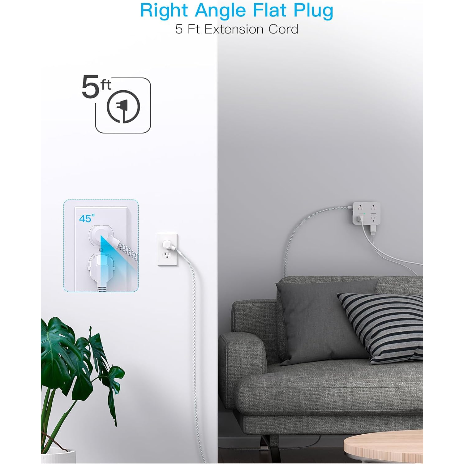 Surge Protector Power Bar - 8 Outlets 4 USB Charging Ports(2 USB C), Power Strip with 5Ft Braided Extension Cord, Flat Plug, Wall Mount Desk USB C