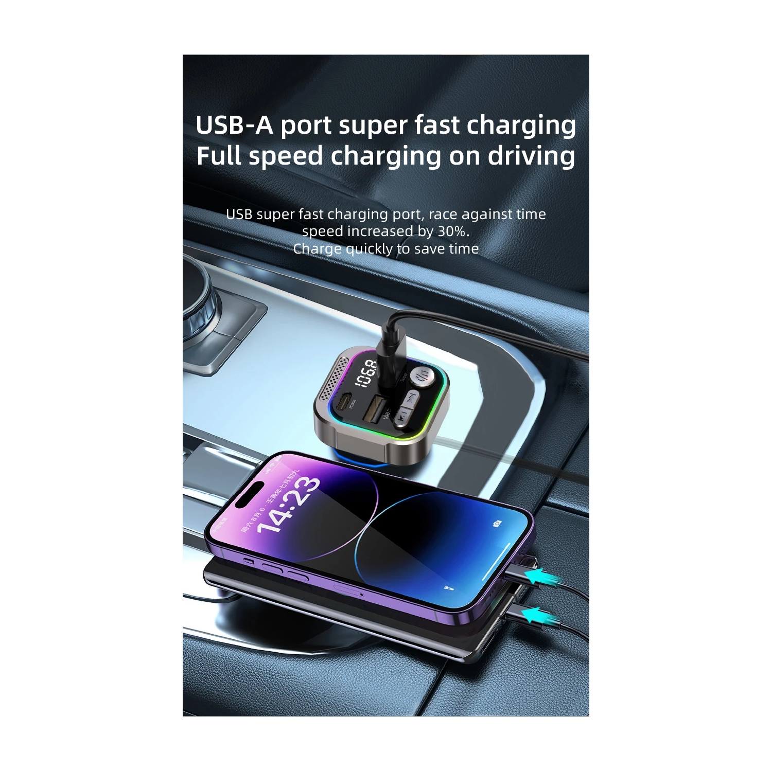 Car charger, fast charging, Bluetooth MP3 player, car cigarette lighter with digital display, PD car charger, FM radio transmitter and hands-free