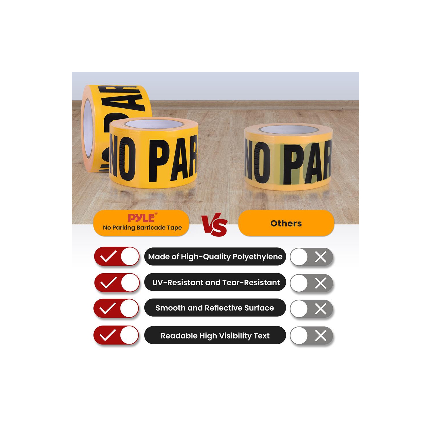 Pyle "No Parking" Caution Tape Yellow, 200 Meter Roll of Non-Adhesive Safety Barricade Warning Tape, Highly Durable & Visible for Indoor/Outdoor Use