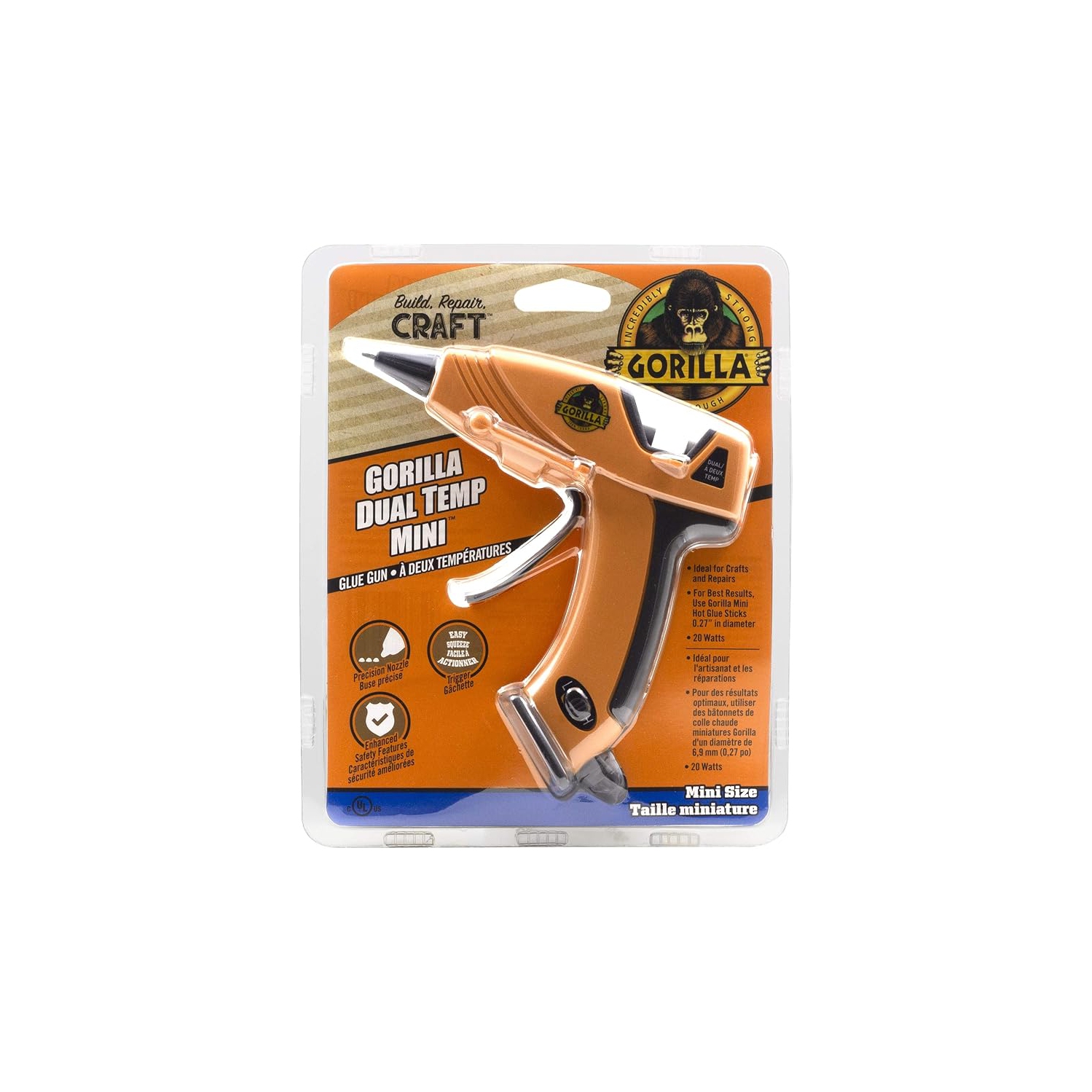 Gorilla Dual Temp Hot Glue Gun, Mini, Precision Nozzle, Easy Squeeze Trigger, Enhanced Safety Features, Built in Stand, 12 Watts, Orange, - 8501502