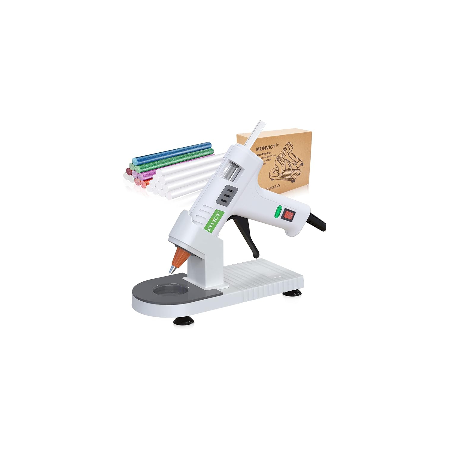 Hot Glue Gun Kit, MONVICT 40W Mini Glue Gun with Fine Tip & 30 Glue Sticks, Hot Glue Guns with Suction Cups Stand & Anti Stick Silicone Mat, On/Off