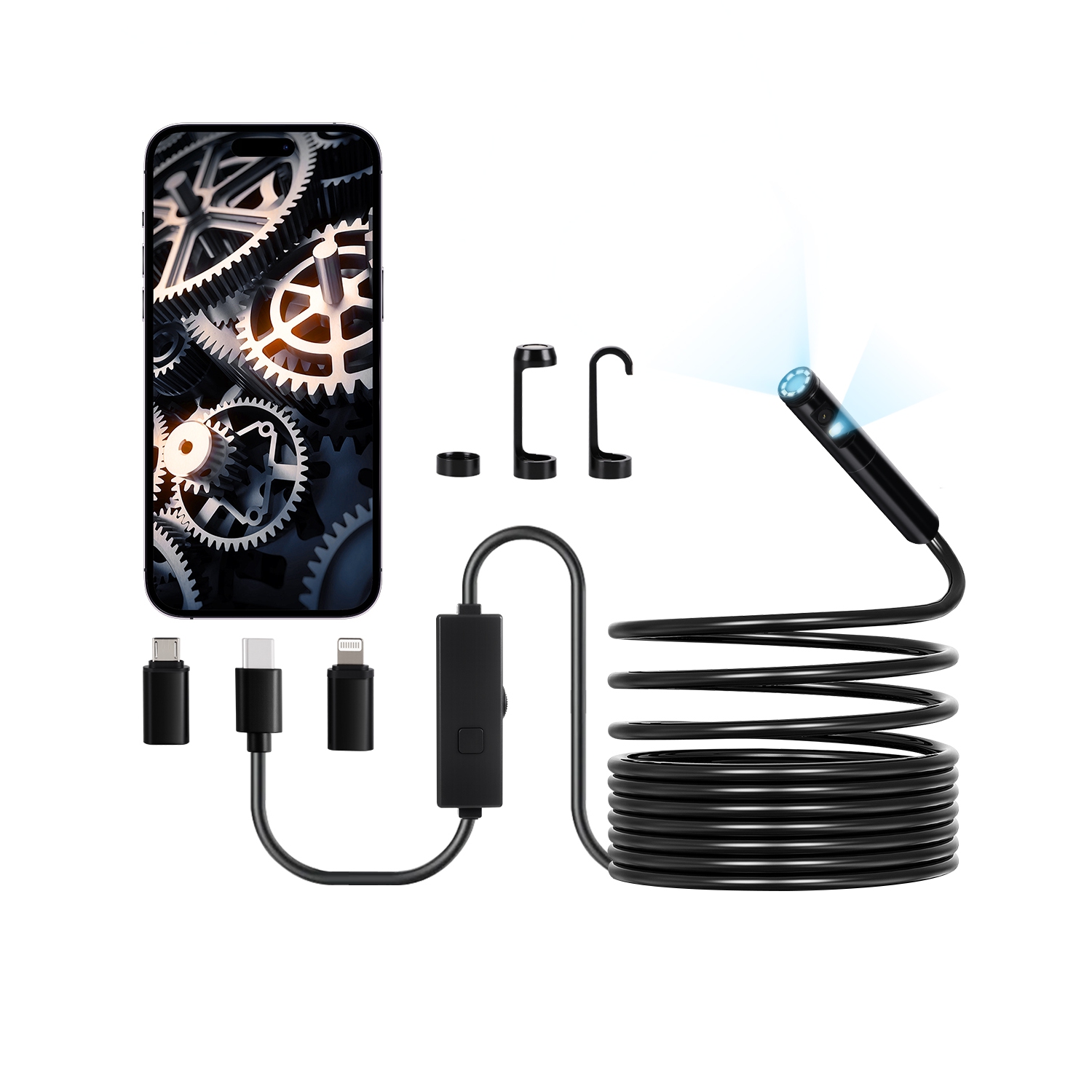 Caméra d'endoscope VEVOR 1920P avec lumière, lunette double lentille pour Android & iOS, caméra d'inspection HD avec lumière LED 8 + 1, zoom 2X,