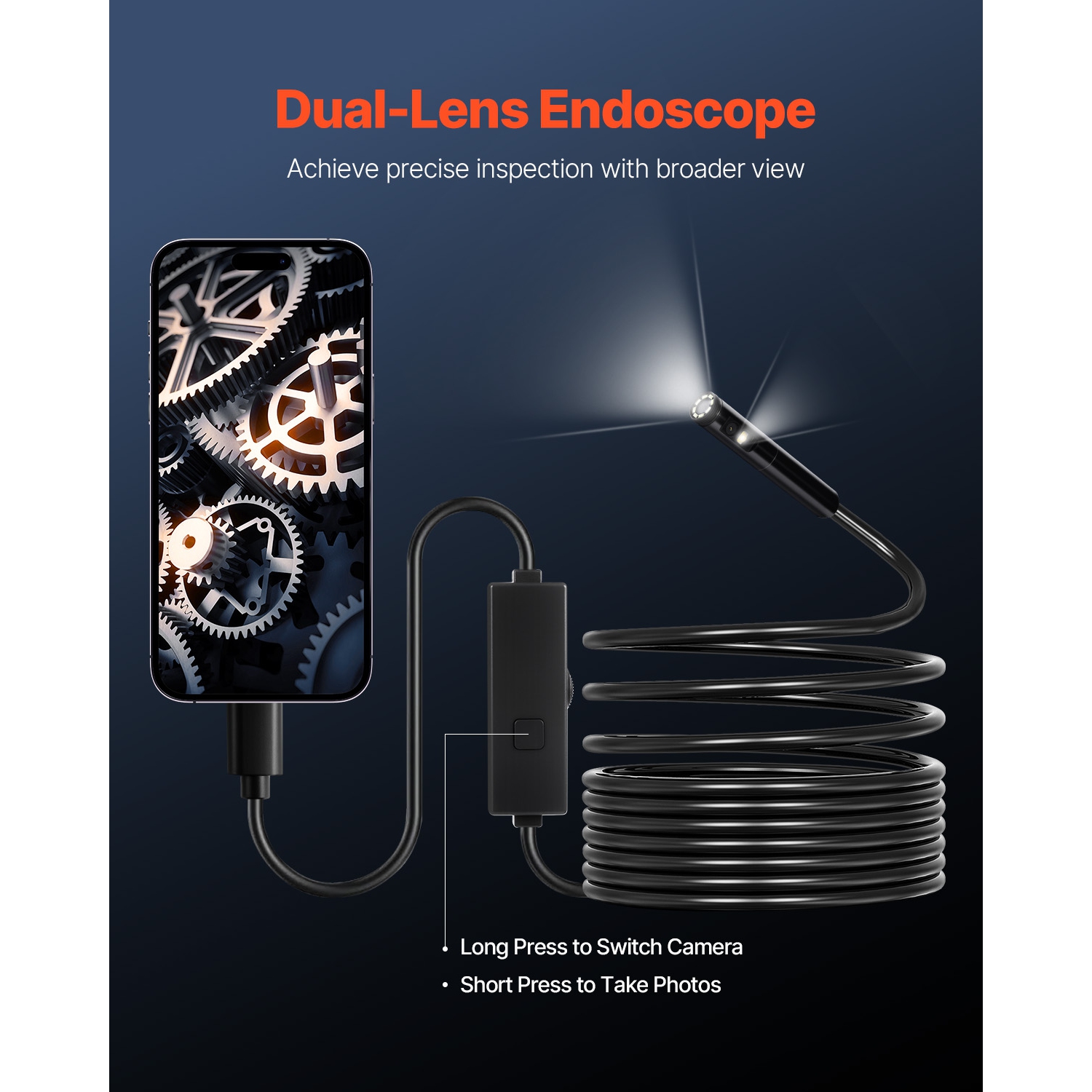 Caméra d'endoscope VEVOR 1920P avec lumière, lunette double lentille pour Android & iOS, caméra d'inspection HD avec lumière LED 8 + 1, zoom 2X,