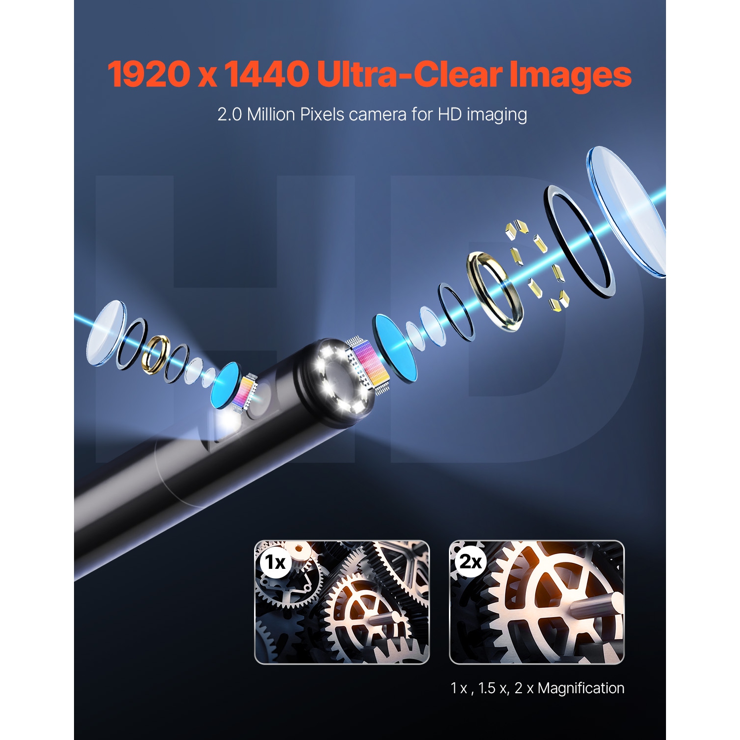 Caméra d'endoscope VEVOR 1920P avec lumière, lunette double lentille pour Android & iOS, caméra d'inspection HD avec lumière LED 8 + 1, zoom 2X,