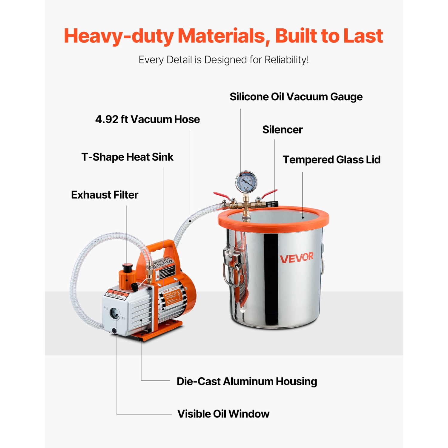 VEVOR 3 Gallon Vacuum Chamber with Pump, 3.5 CFM, Stainless Steel Degassing Chamber Kit, Single Stage Vacuum Pump, Tempered Glass Lid, 4.92 ft Hose,