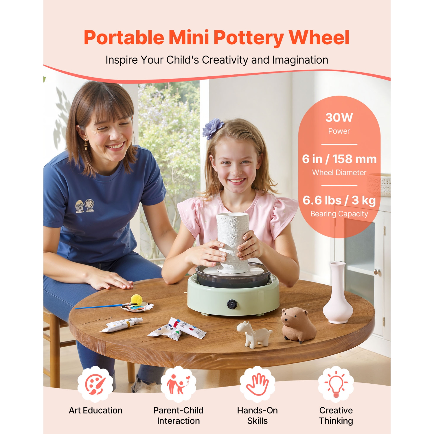 VEVOR Mini Pottery Wheel, 6 inch Turntable, Forward and Reverse Rotation, Adjustable Speed, Electric Clay Wheel for Kids and Beginners, with Shaping