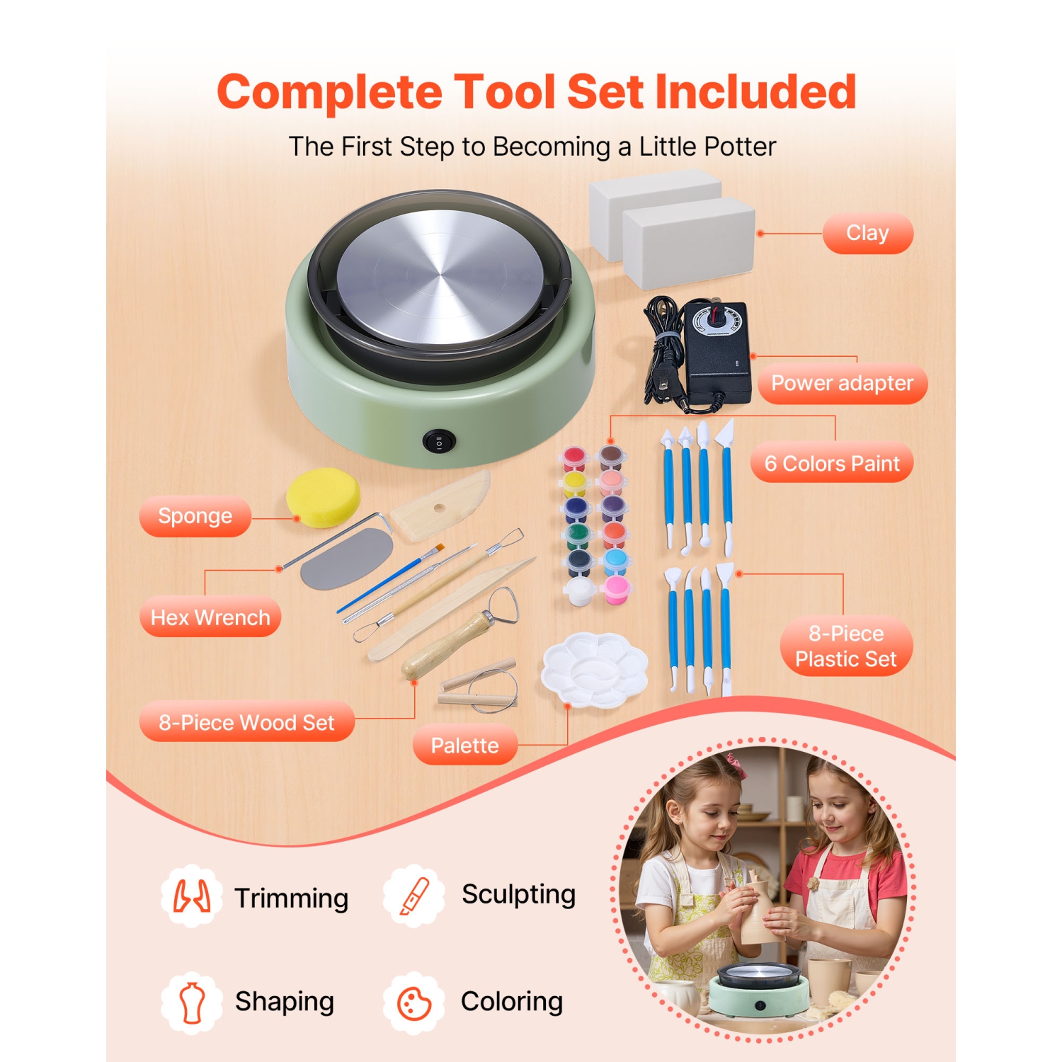 VEVOR Mini Pottery Wheel, 6 inch Turntable, Forward and Reverse Rotation, Adjustable Speed, Electric Clay Wheel for Kids and Beginners, with Shaping
