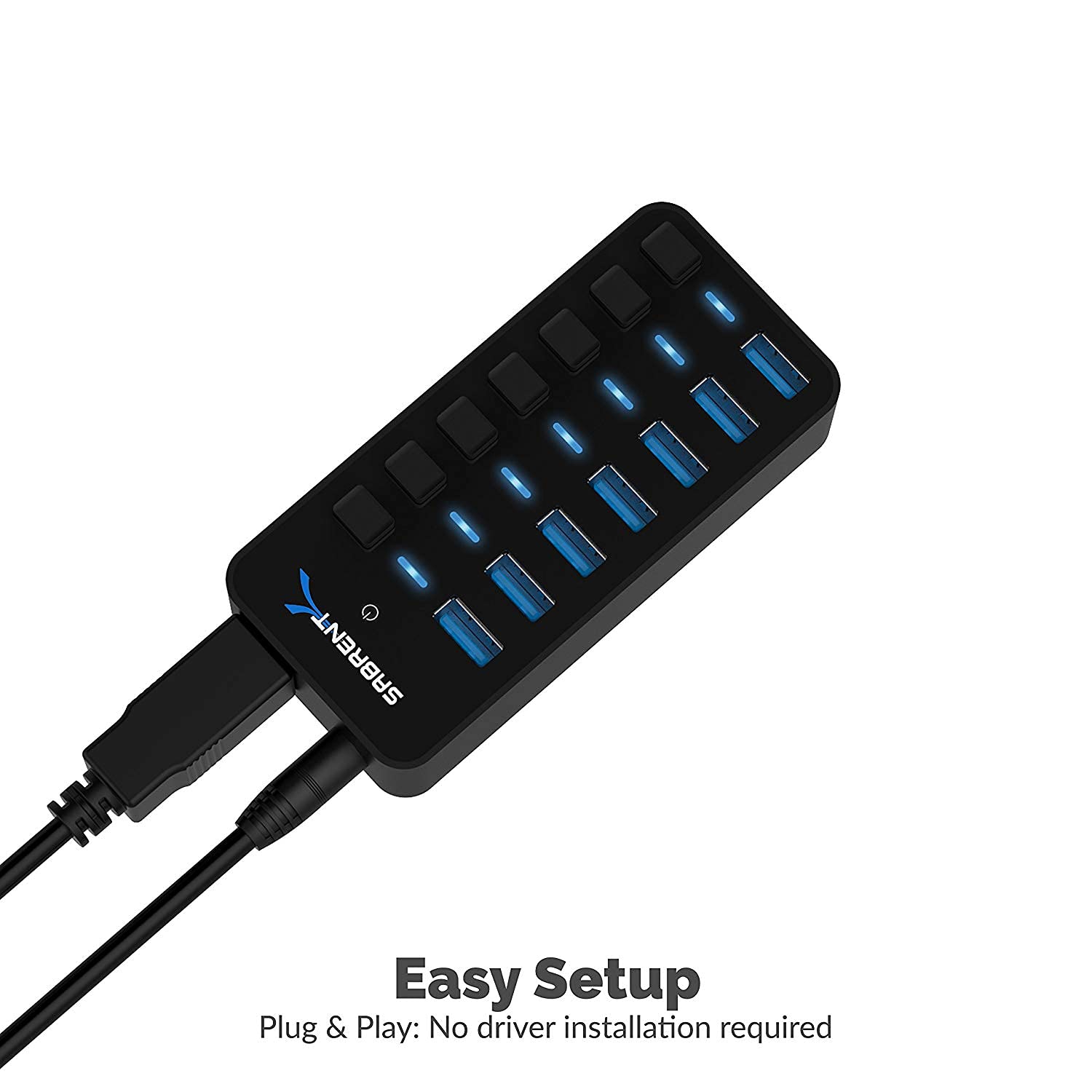 USB hub 3.2x1 with Power Adapter 36W, 7 Port usb3 Fast Powered Data hub, Multiple USB Splitter, USB Docking Station, multiport hubs, LEDs on/Off