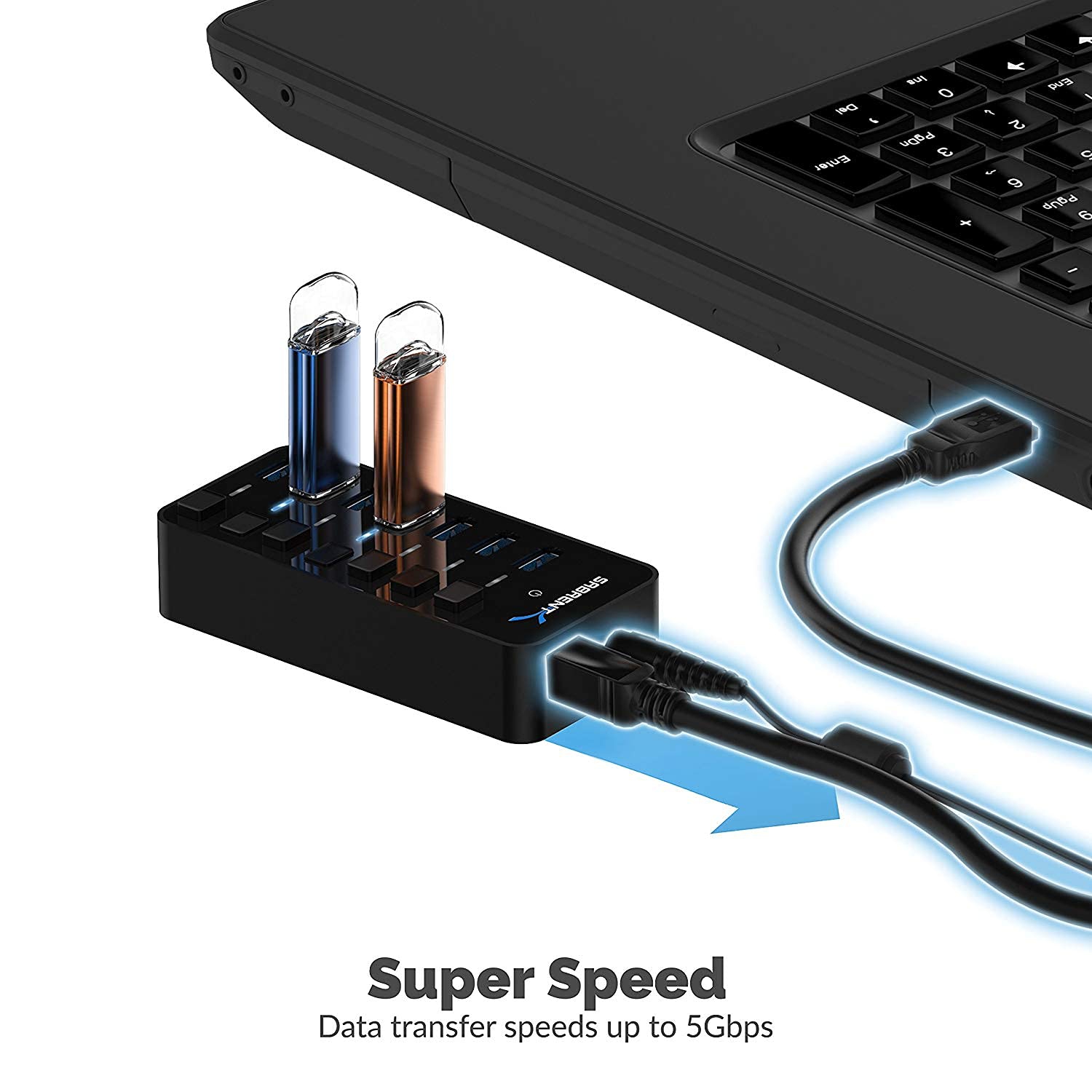 USB hub 3.2x1 with Power Adapter 36W, 7 Port usb3 Fast Powered Data hub, Multiple USB Splitter, USB Docking Station, multiport hubs, LEDs on/Off