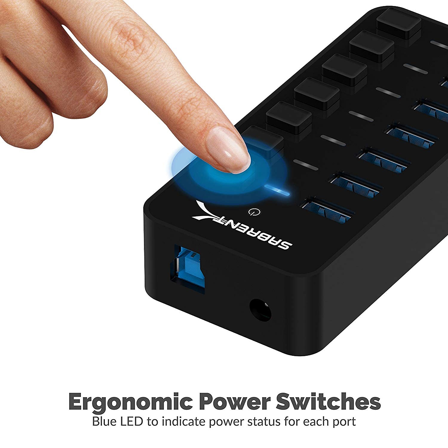 USB hub 3.2x1 with Power Adapter 36W, 7 Port usb3 Fast Powered Data hub, Multiple USB Splitter, USB Docking Station, multiport hubs, LEDs on/Off