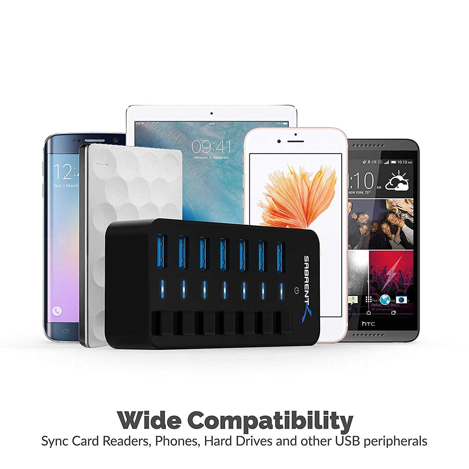 USB hub 3.2x1 with Power Adapter 36W, 7 Port usb3 Fast Powered Data hub, Multiple USB Splitter, USB Docking Station, multiport hubs, LEDs on/Off