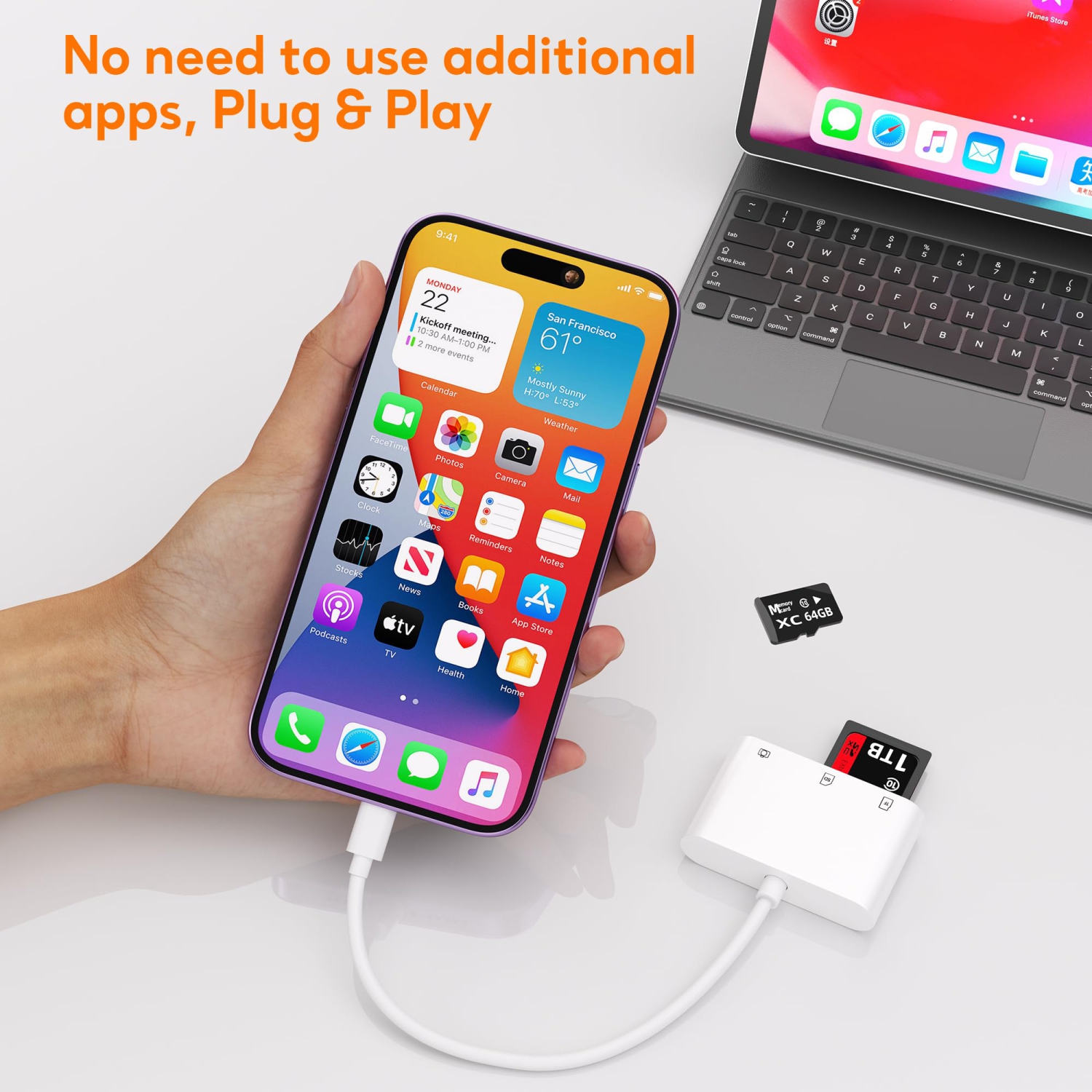 SD Card Reader for iPhone iPad, Digital Camera USB Adapter,Memory Card Veiwer with Dual Slot Support SD Card TF Card Micro SD Card, No App Required,