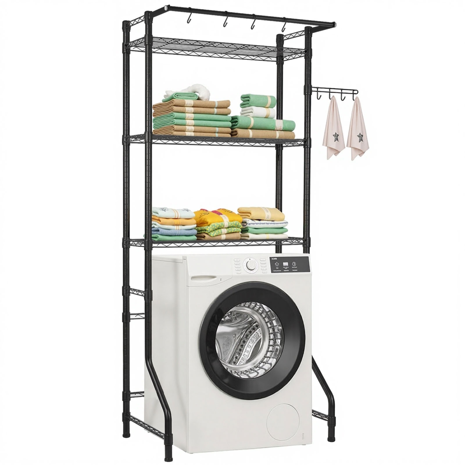 VEVOR 3 Tiers Over Washer and Dryer Storage Shelf, Laundry Room Drying Rack with Hanger Rod and Hooks, Single Row Adjustable Washer Shelves Space