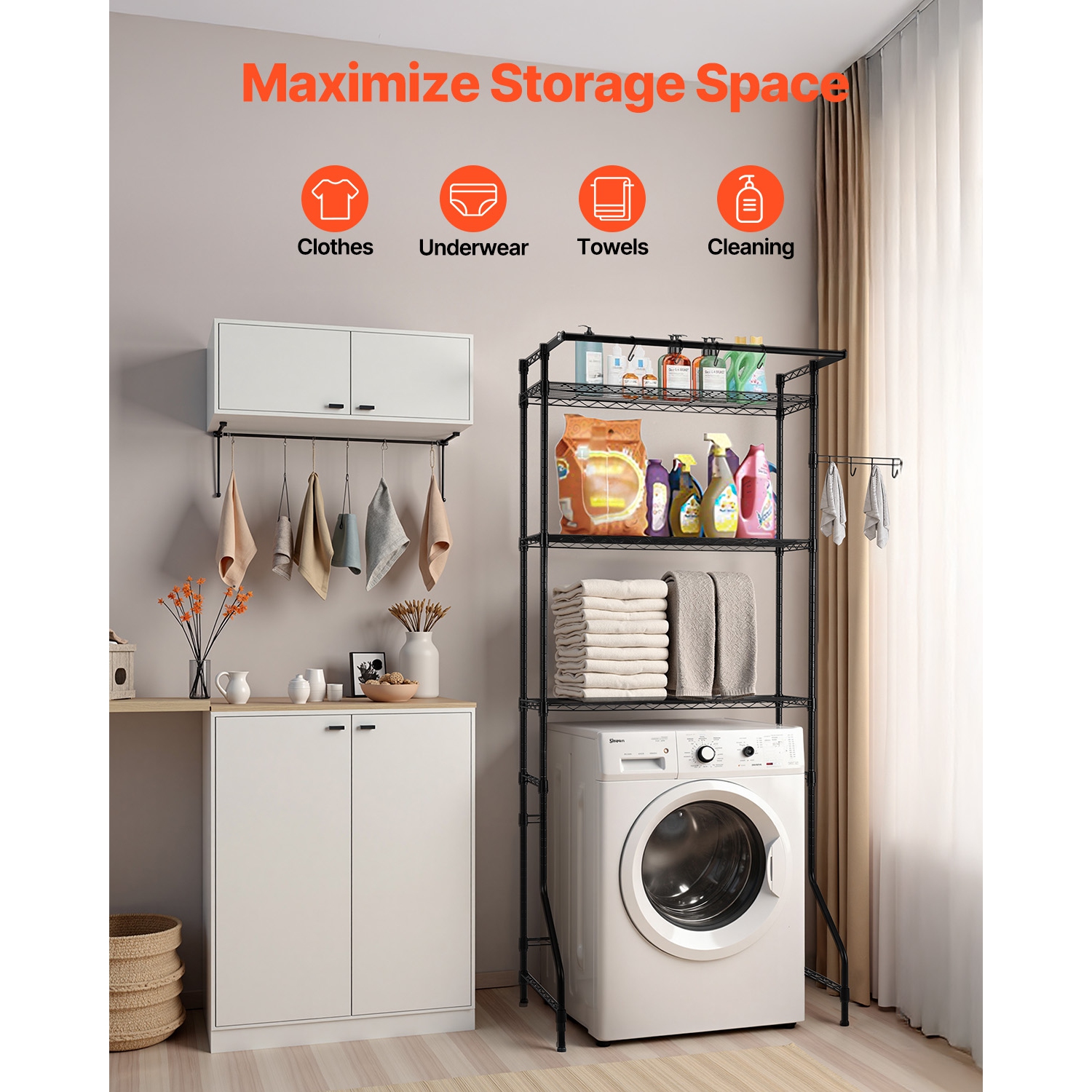 VEVOR 3 Tiers Over Washer and Dryer Storage Shelf, Laundry Room Drying Rack with Hanger Rod and Hooks, Single Row Adjustable Washer Shelves Space