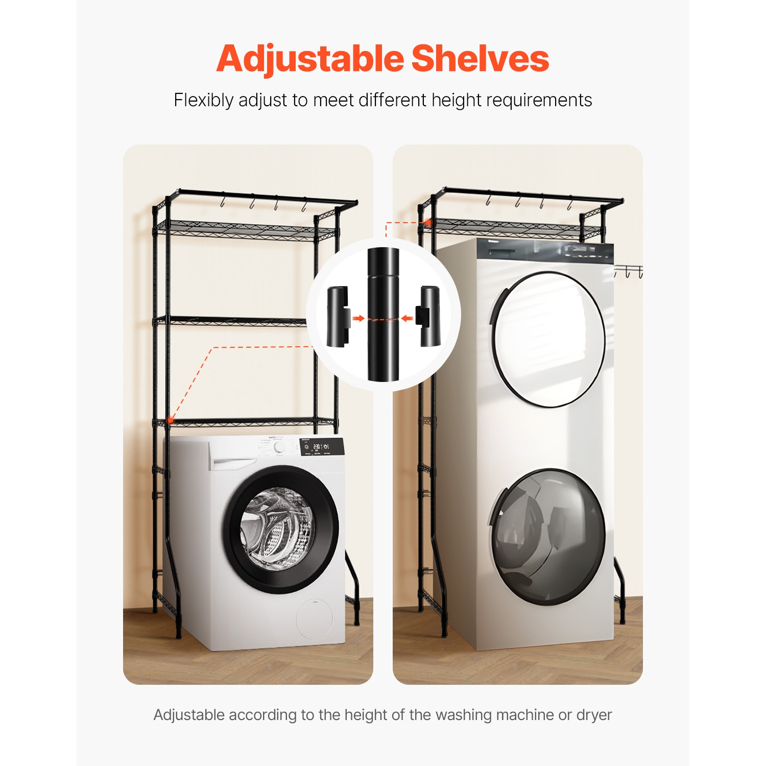 VEVOR 3 Tiers Over Washer and Dryer Storage Shelf, Laundry Room Drying Rack with Hanger Rod and Hooks, Single Row Adjustable Washer Shelves Space