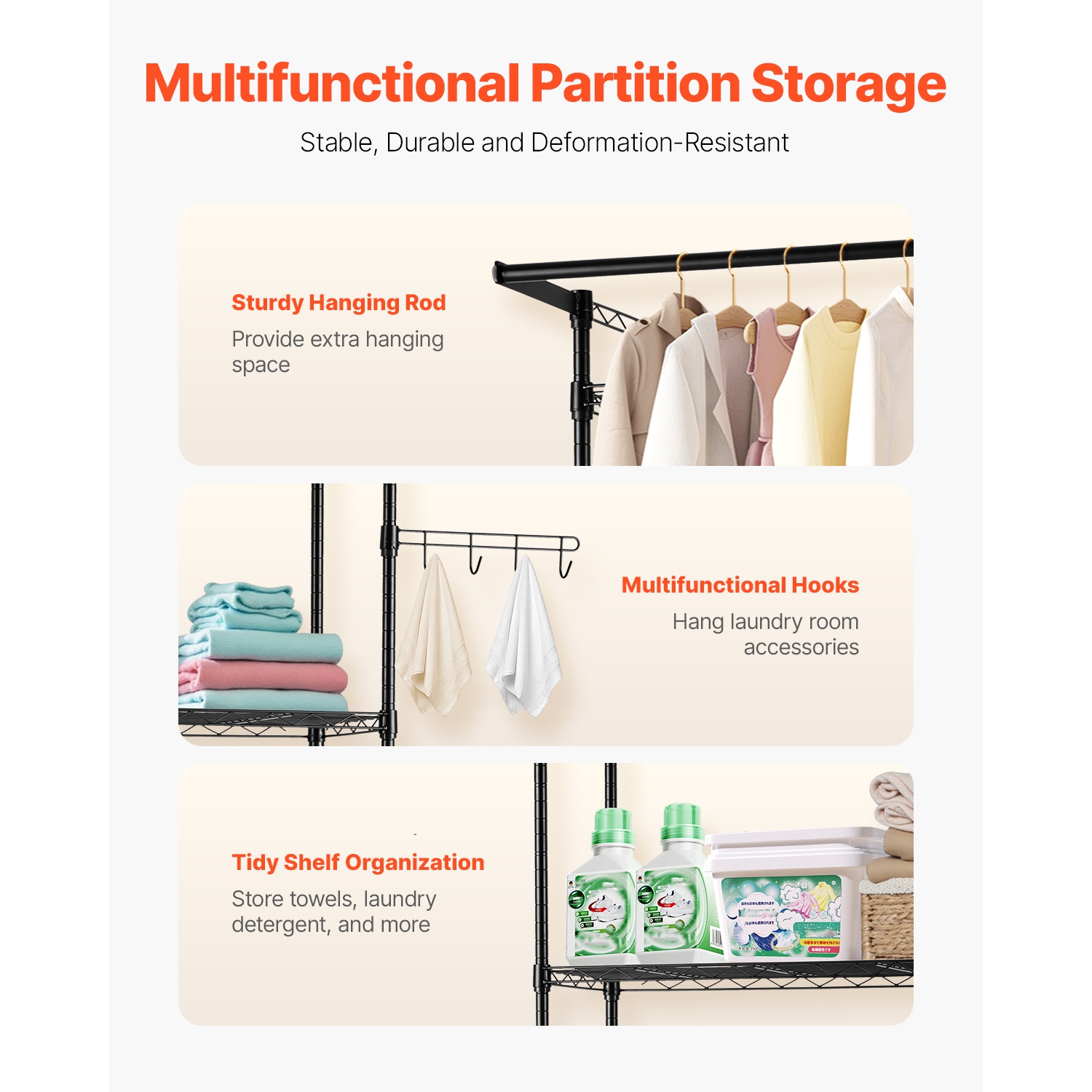 VEVOR 3 Tiers Over Washer and Dryer Storage Shelf, Laundry Room Drying Rack with Hanger Rod and Hooks, Single Row Adjustable Washer Shelves Space