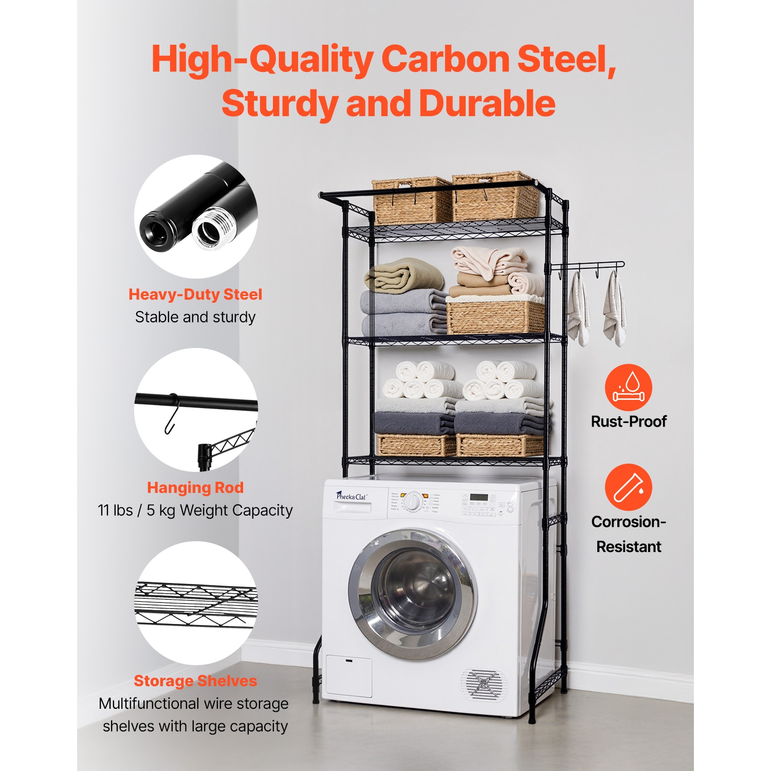 VEVOR 3 Tiers Over Washer and Dryer Storage Shelf, Laundry Room Drying Rack with Hanger Rod and Hooks, Single Row Adjustable Washer Shelves Space