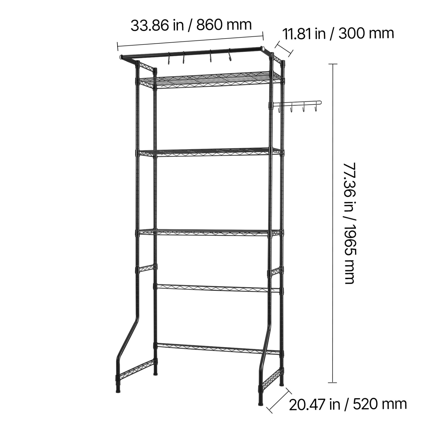VEVOR 3 Tiers Over Washer and Dryer Storage Shelf, Laundry Room Drying Rack with Hanger Rod and Hooks, Single Row Adjustable Washer Shelves Space