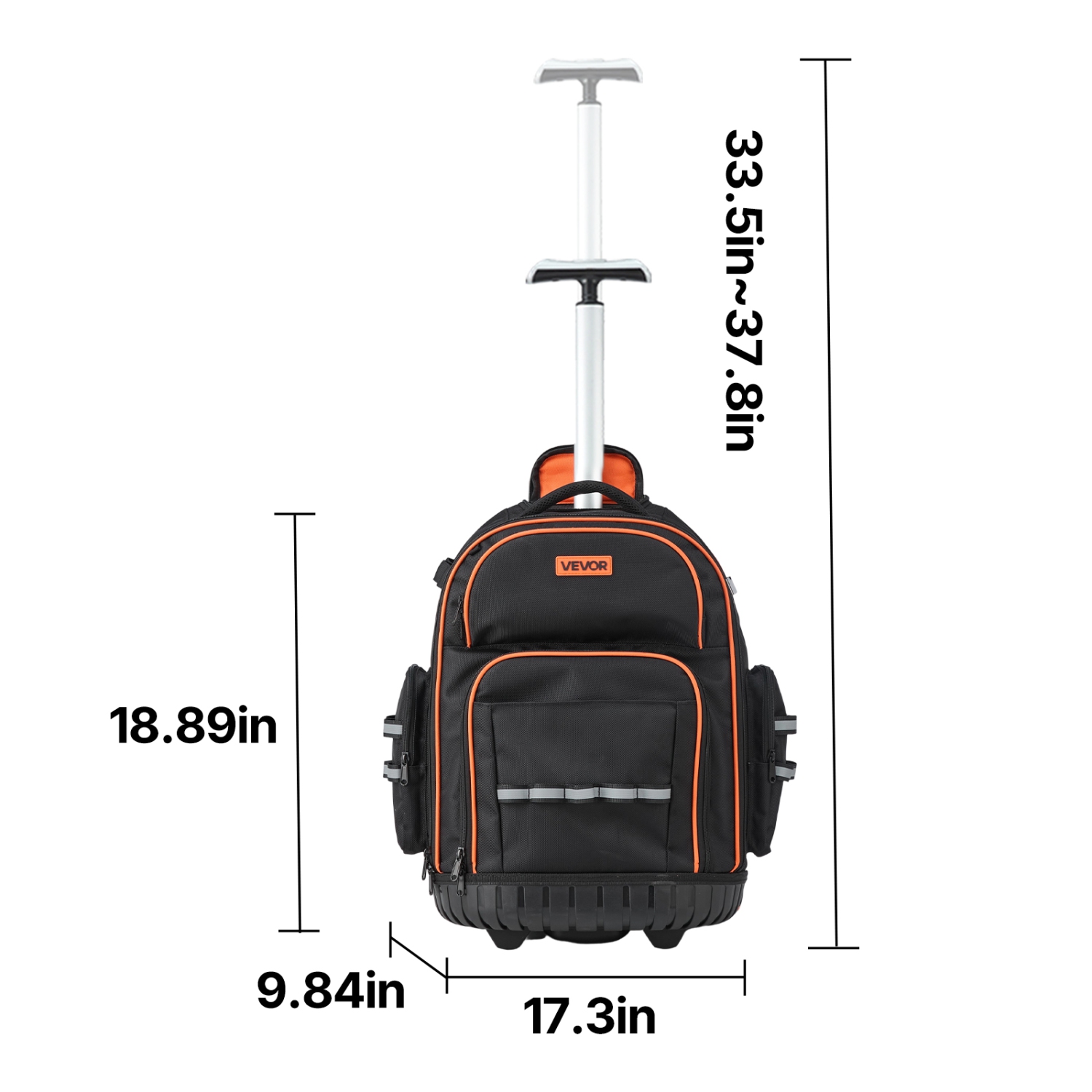 Sac à dos à outils à roulettes VEVOR à 45 pochettes, capacité de charge 110&nbsp;lb, sac à outils à roulettes robuste, poignée télescopique réglable