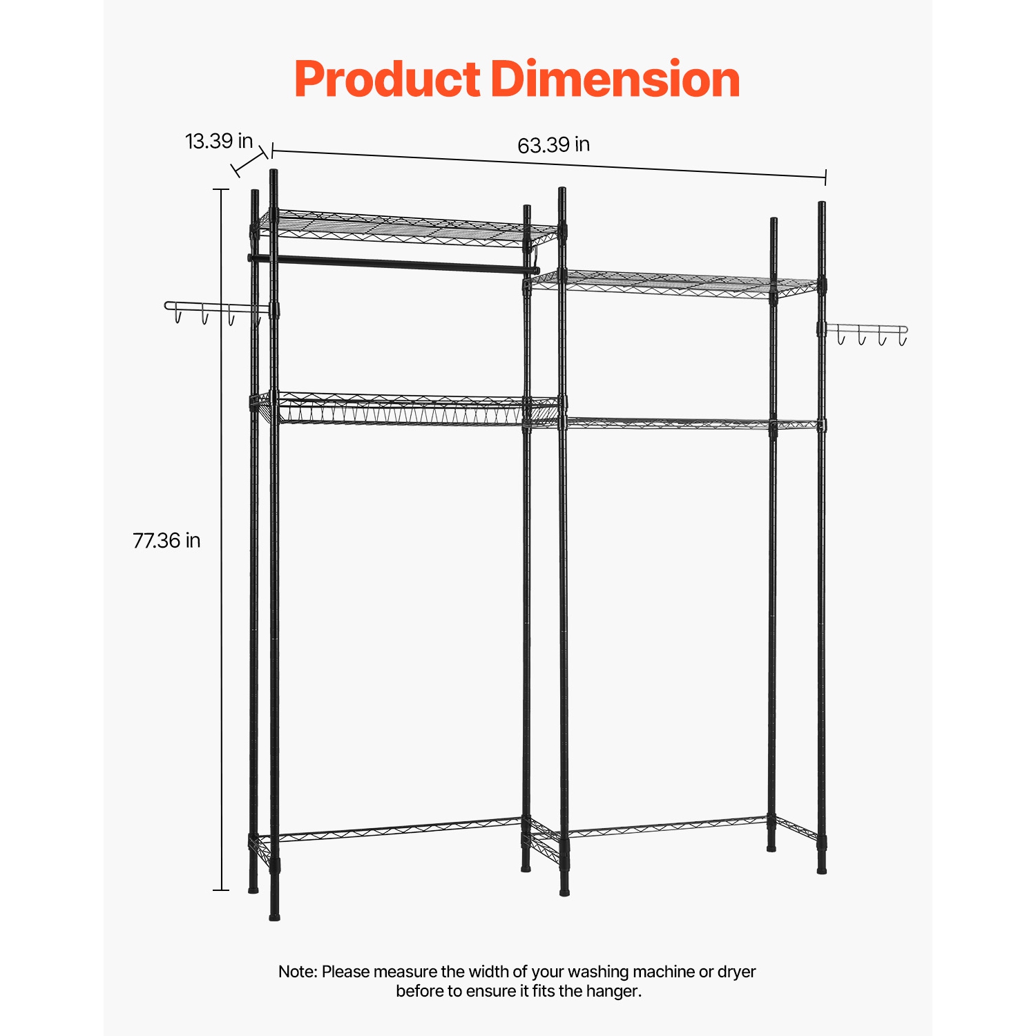 VEVOR 4 Tiers Over Washer and Dryer Storage Shelves, Laundry Room Drying Rack with Hanger Rod and Hooks, Two Rows Adjustable Washer Shelves Space