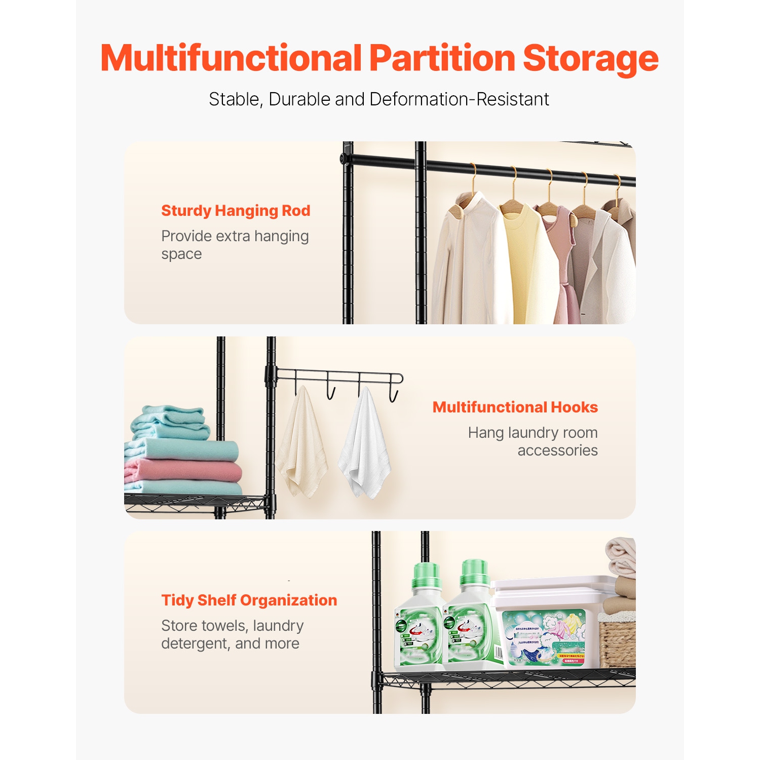 VEVOR 4 Tiers Over Washer and Dryer Storage Shelves, Laundry Room Drying Rack with Hanger Rod and Hooks, Two Rows Adjustable Washer Shelves Space