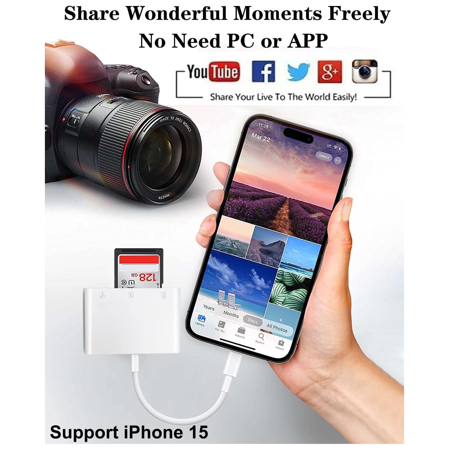 USB C SD Card Reader for iPhone 16 15, 3 in 1 USB-C Memory Camera Card Reader with SD MicroSD USB 3 Ports for iPhone 15 16, iPad Pro MacBook and More