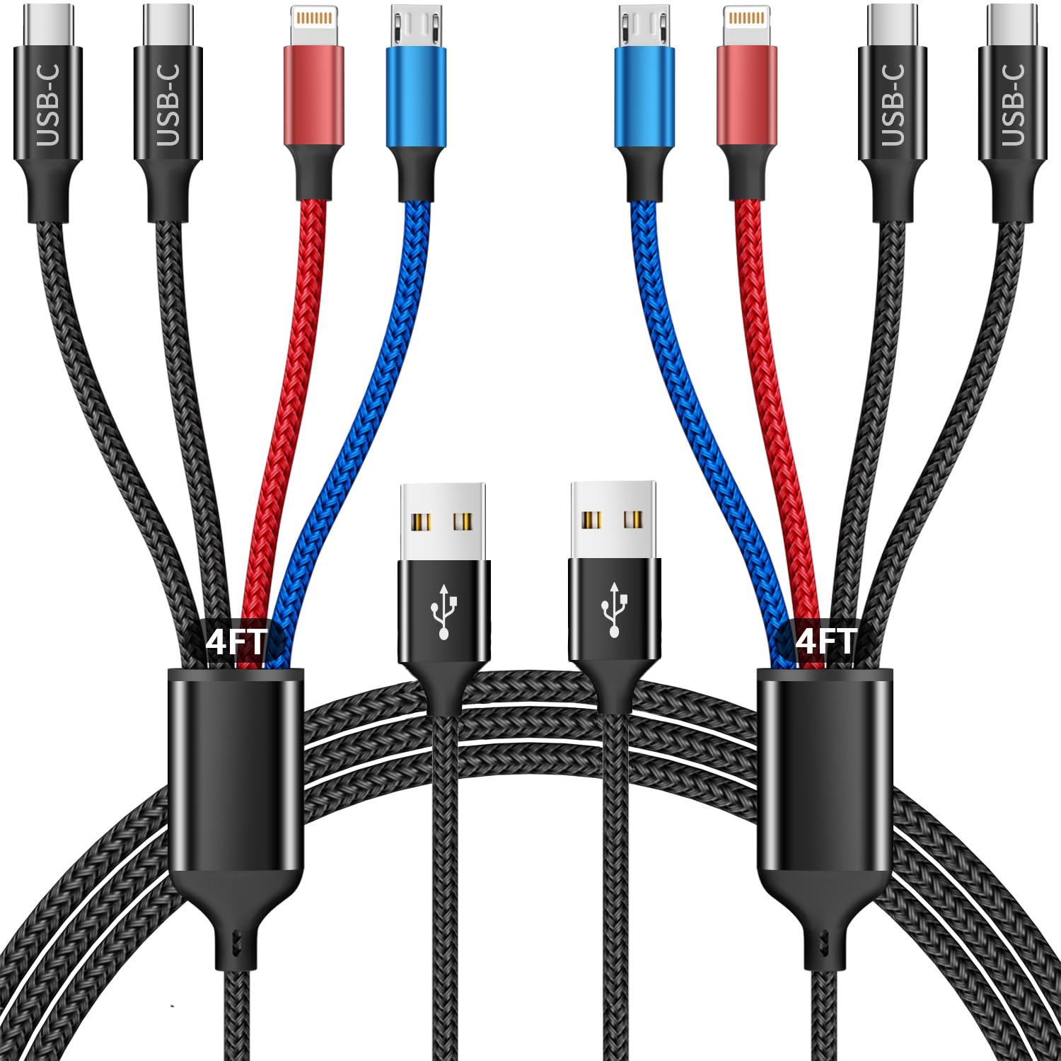 Dual Type C 4 in 1 Charging Cable 2Pack 4FT, Multi Charging Cable for Multiple Ends, Universal USB Cable with IP/Micro USB/Dual USB C Port Compatible iPhone16 15 14 Series Tablets