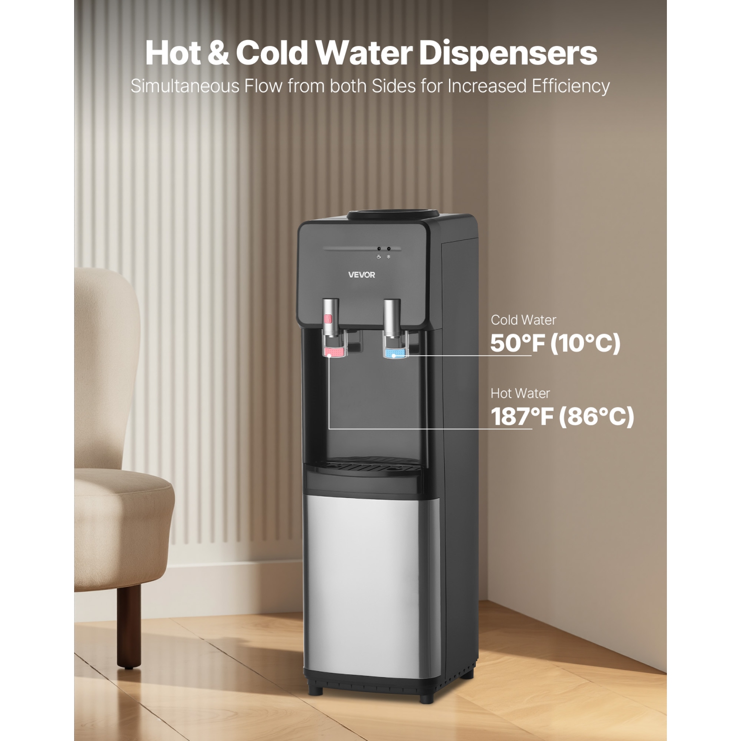 VEVOR Top Loading Water Cooler Dispenser, Hot and Cold Water Dispenser for 3 or 5 Gallons Bottles, Sturdy Stainless Steel and Child Security Lock,