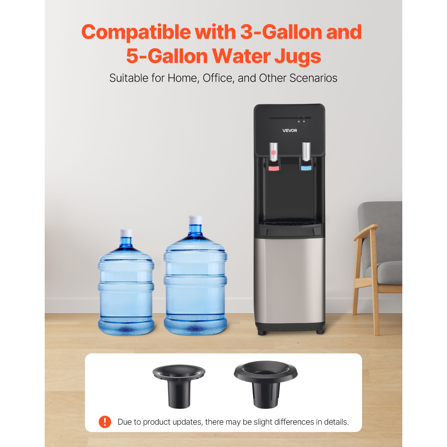 VEVOR Top Loading Water Cooler Dispenser, Hot and Cold Water Dispenser for 3 or 5 Gallons Bottles, Sturdy Stainless Steel and Child Security Lock,