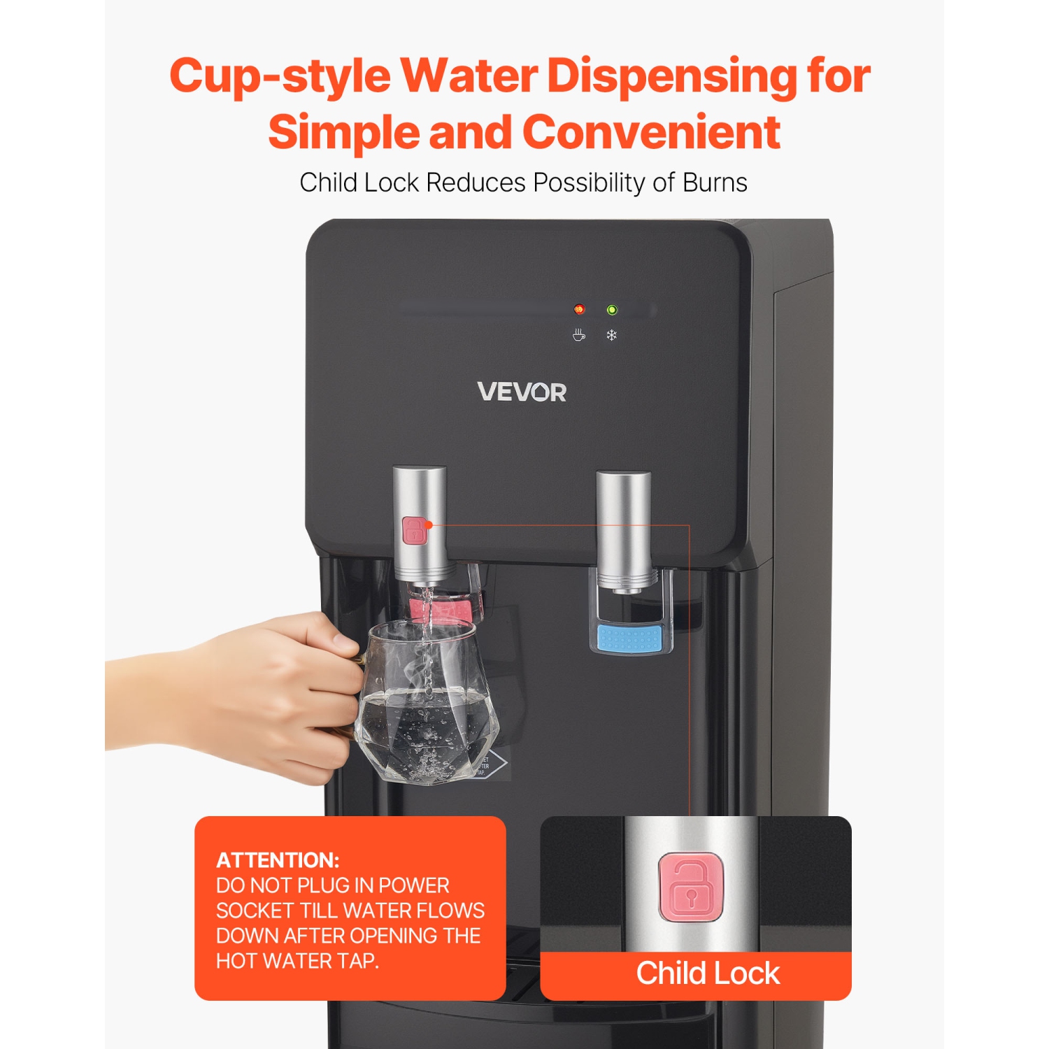 VEVOR Top Loading Water Cooler Dispenser, Hot and Cold Water Dispenser for 3 or 5 Gallons Bottles, Sturdy Stainless Steel and Child Security Lock,