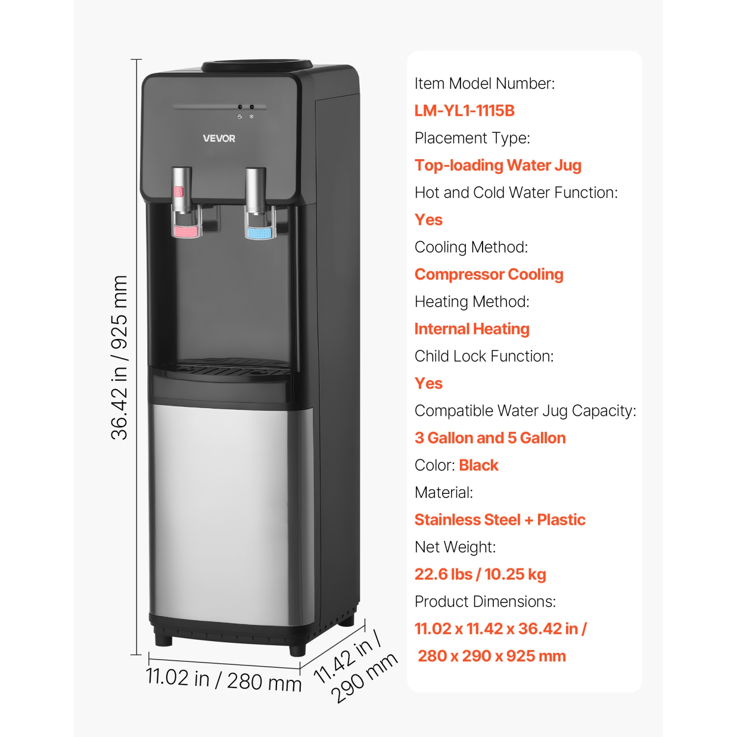 VEVOR Top Loading Water Cooler Dispenser, Hot and Cold Water Dispenser for 3 or 5 Gallons Bottles, Sturdy Stainless Steel and Child Security Lock,